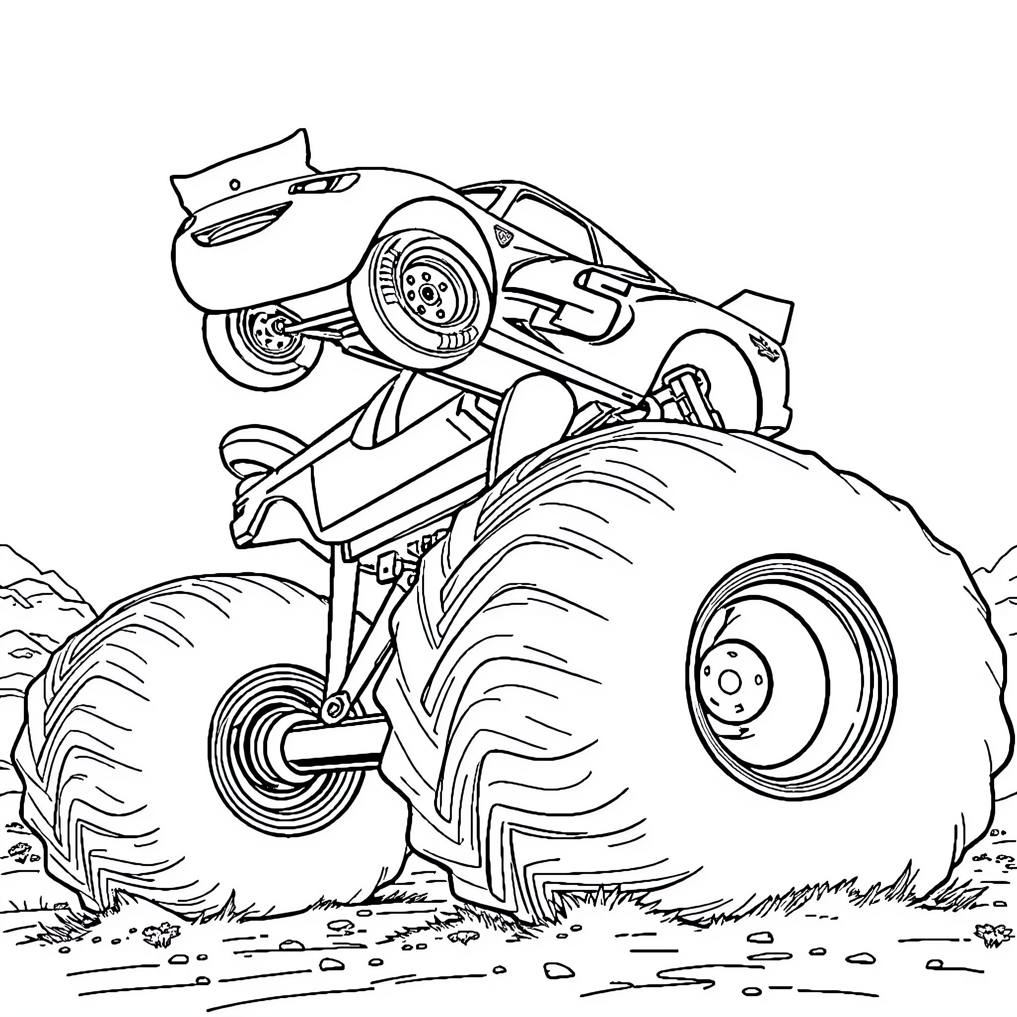 Lightning McQueen races on a monster truck course Coloring Page (free black-and-white line drawing printable PDF for all, from beginners to advanced learners, including children, teens, adults, and seniors)