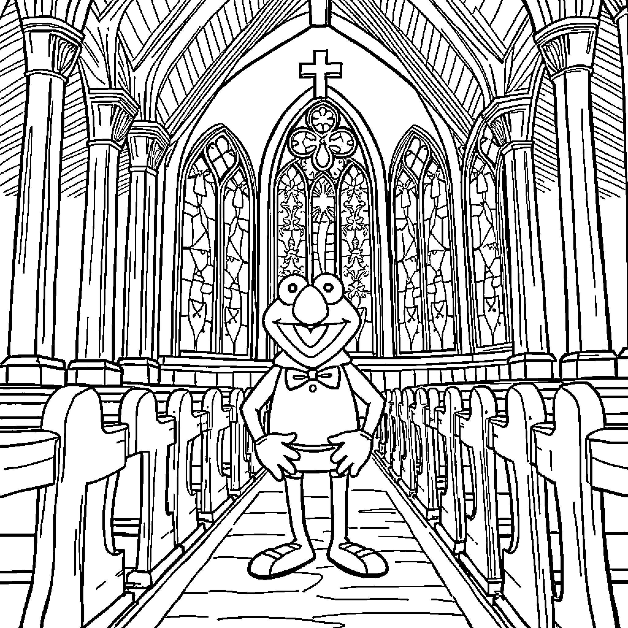 Beeker's Spiritual Journey in a Gothic Cathedral Coloring Page (free black-and-white line drawing printable PDF for all, from beginners to advanced learners, including children, teens, adults, and seniors)