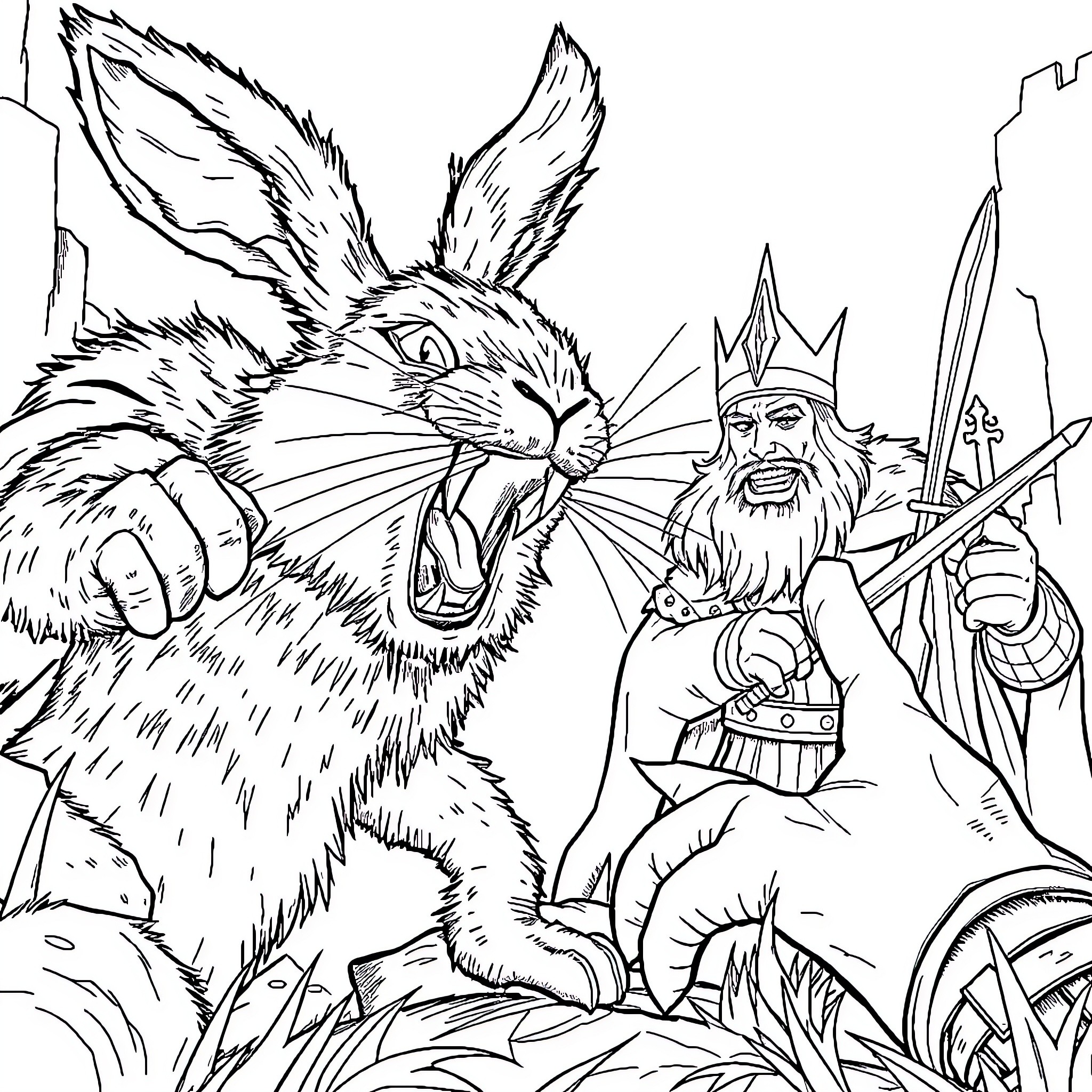 Rabbit confronting a menacing warrior in the wild Coloring Page (free black-and-white line drawing printable PDF for all, from beginners to advanced learners, including children, teens, adults, and seniors)