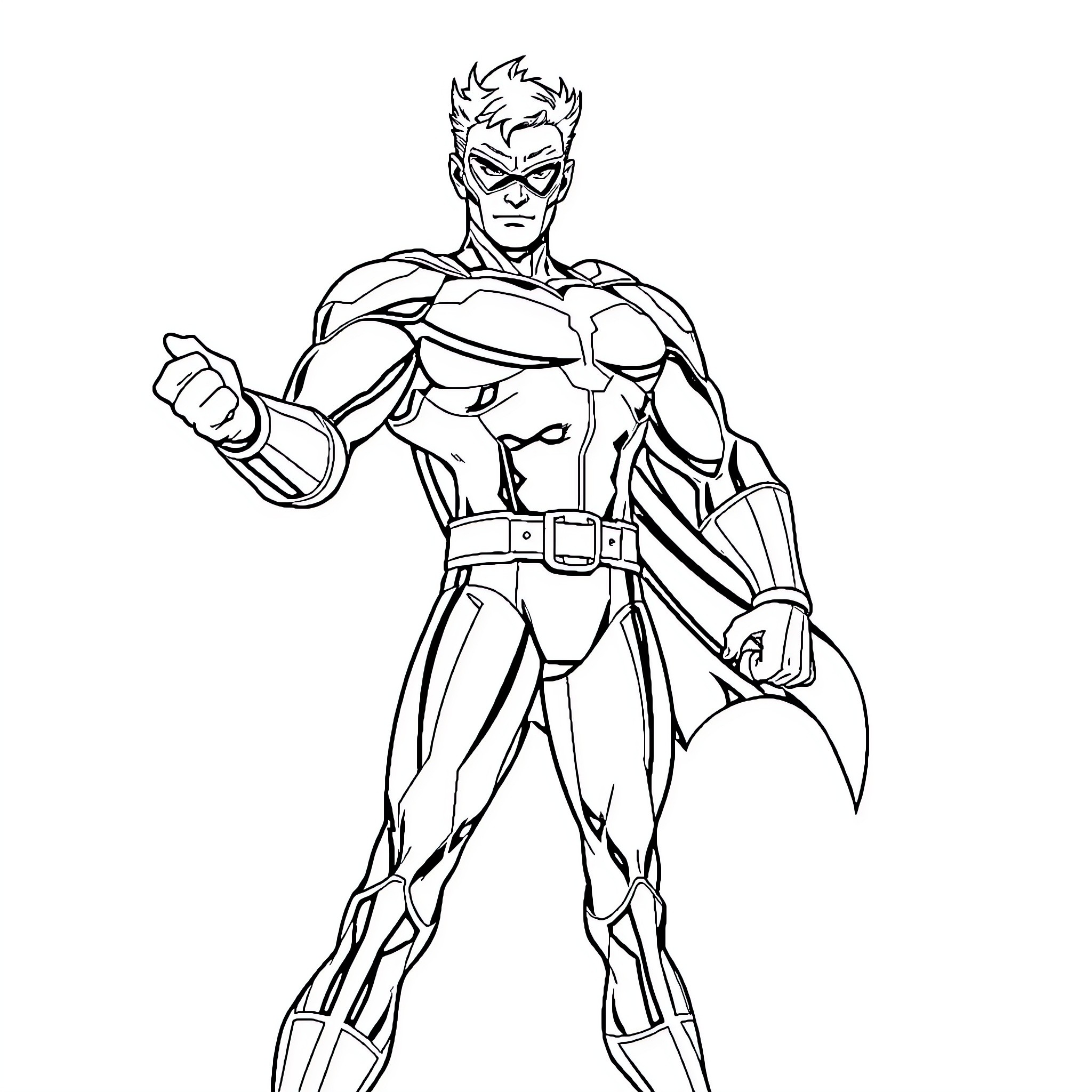 Omni Man in heroic action pose Coloring Page (free black-and-white line drawing printable PDF for all, from beginners to advanced learners, including children, teens, adults, and seniors)