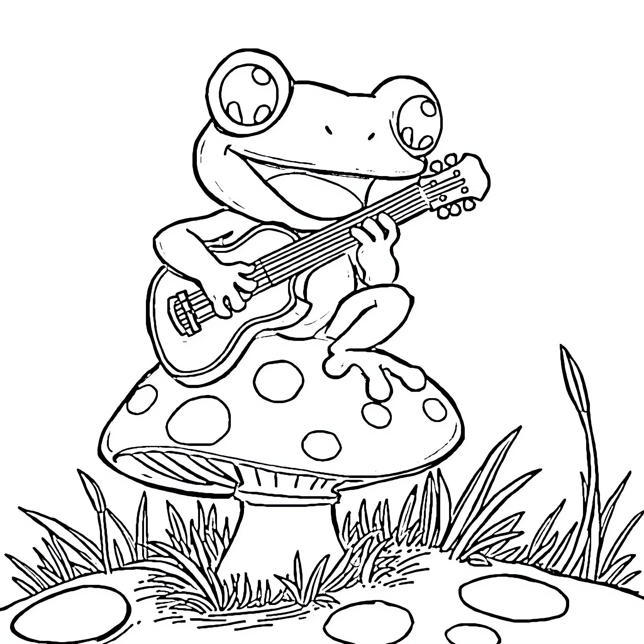 Frog playing guitar on mushroom in nature Coloring Page (free black-and-white line drawing printable PDF for all, from beginners to advanced learners, including children, teens, adults, and seniors)