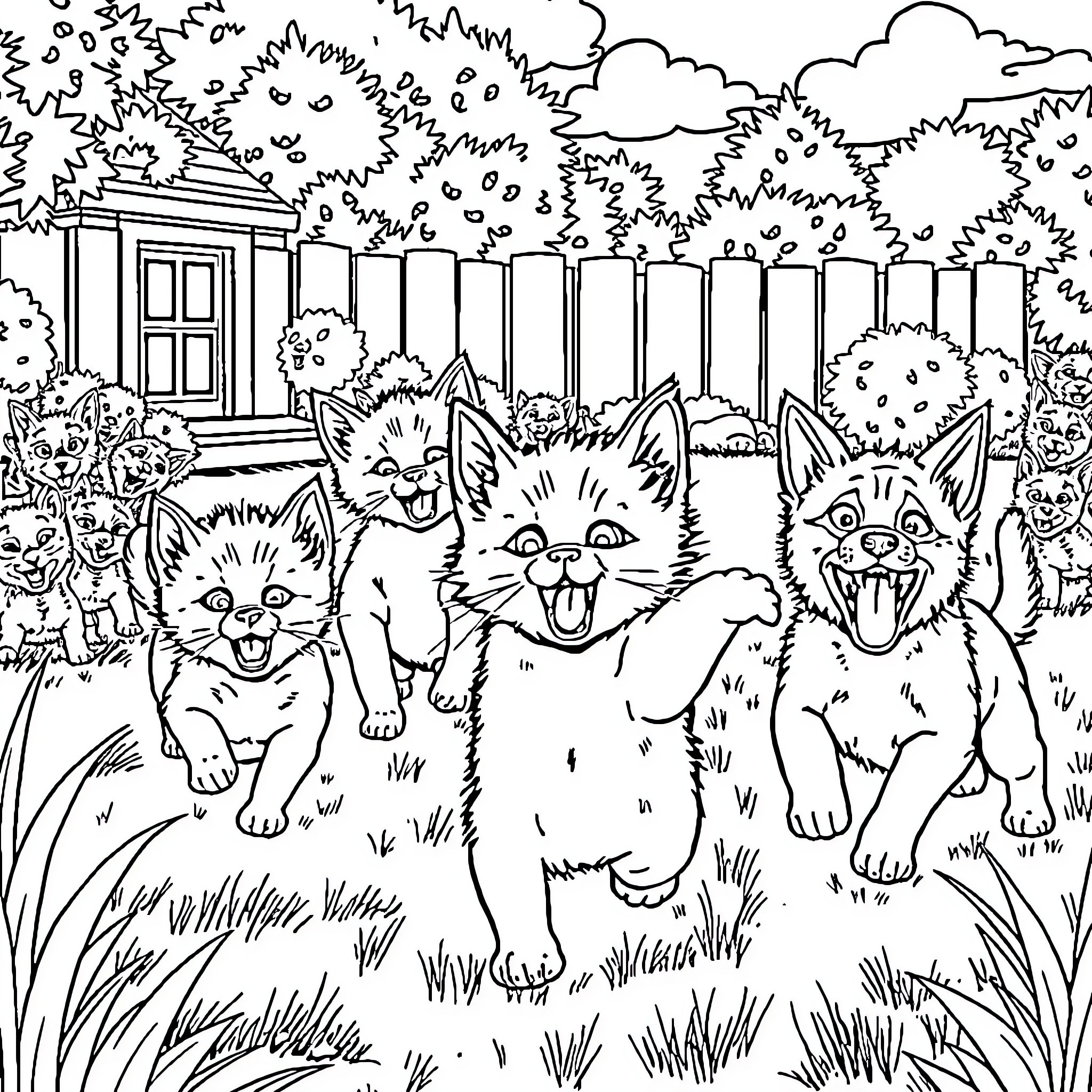 Kittens playing happily in the garden Coloring Page (free black-and-white line drawing printable PDF for all, from beginners to advanced learners, including children, teens, adults, and seniors)
