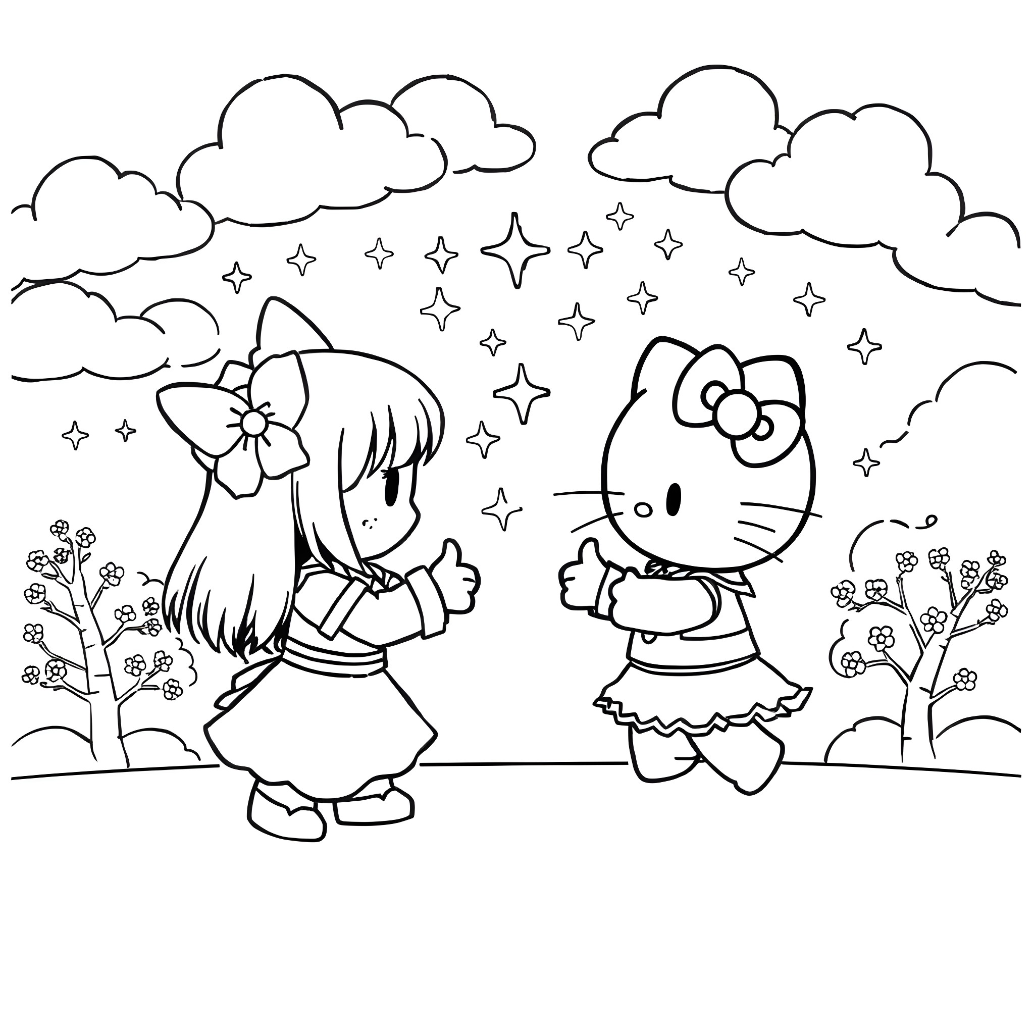 Kuromi and Hello Kitty enjoying a starry night Coloring Page (free black-and-white line drawing printable PDF for all, from beginners to advanced learners, including children, teens, adults, and seniors)