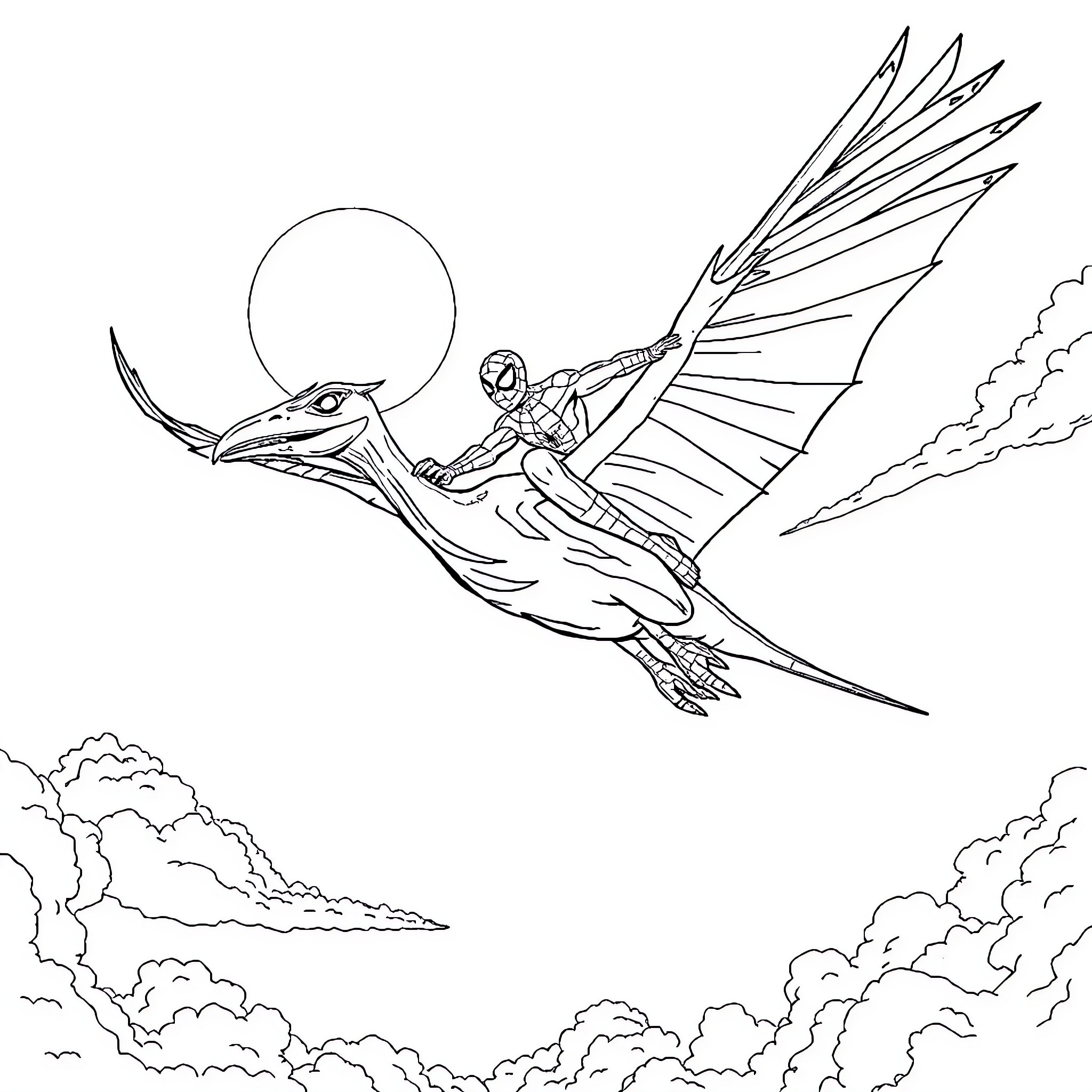Spiderman riding a giant pterodactyl through the sky Coloring Page (free black-and-white line drawing printable PDF for all, from beginners to advanced learners, including children, teens, adults, and seniors)