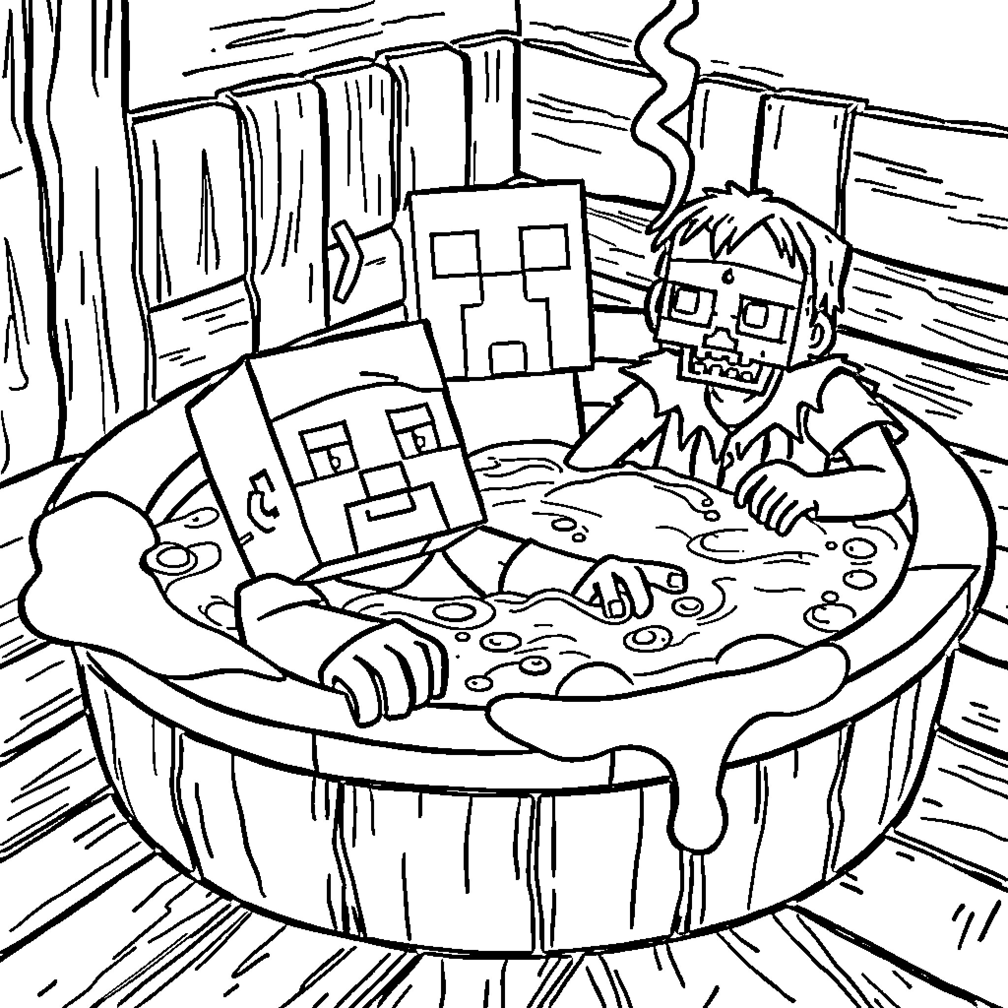 Steve enjoying a warm meal in a cozy cabin Coloring Page (free black-and-white line drawing printable PDF for all, from beginners to advanced learners, including children, teens, adults, and seniors)