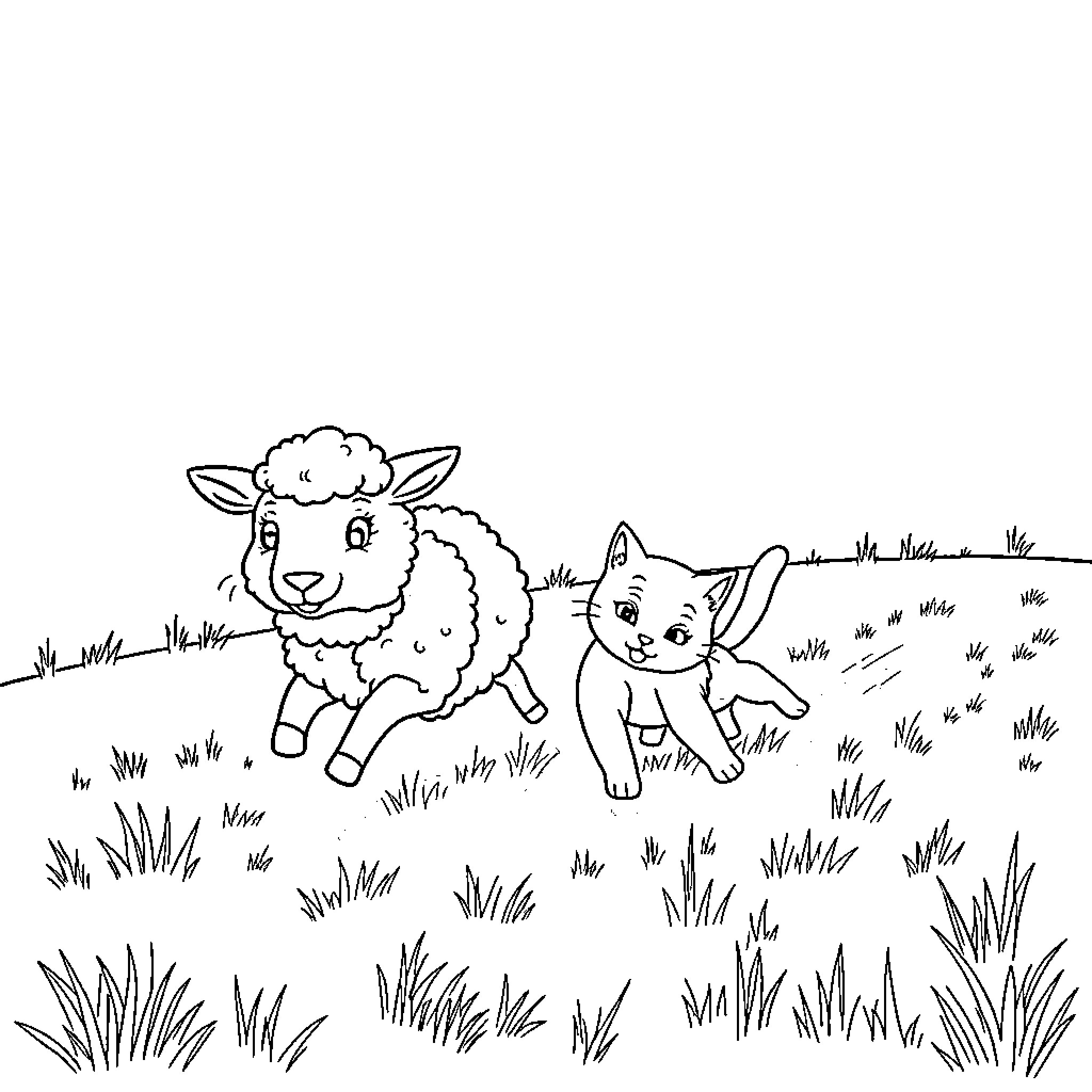 Sheep and cat playing in the grassy meadow Coloring Page (free black-and-white line drawing printable PDF for all, from beginners to advanced learners, including children, teens, adults, and seniors)