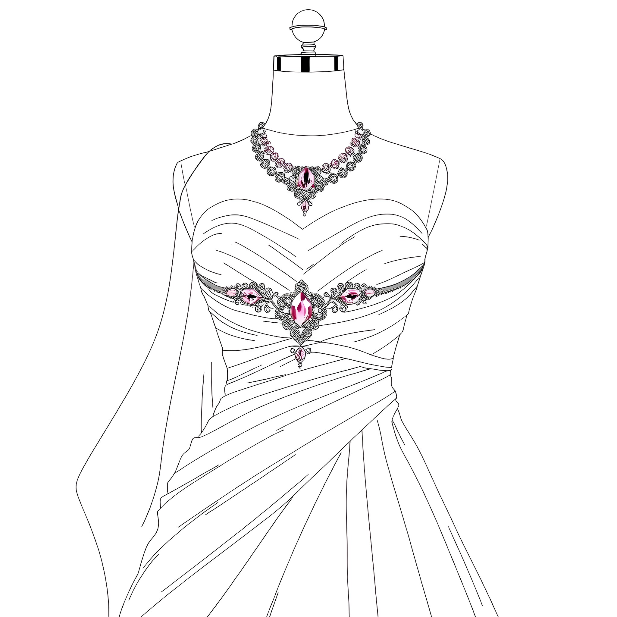 Wedding Dress with Elegant Beaded Embellishments Coloring Page (free black-and-white line drawing printable PDF for all, from beginners to advanced learners, including children, teens, adults, and seniors)