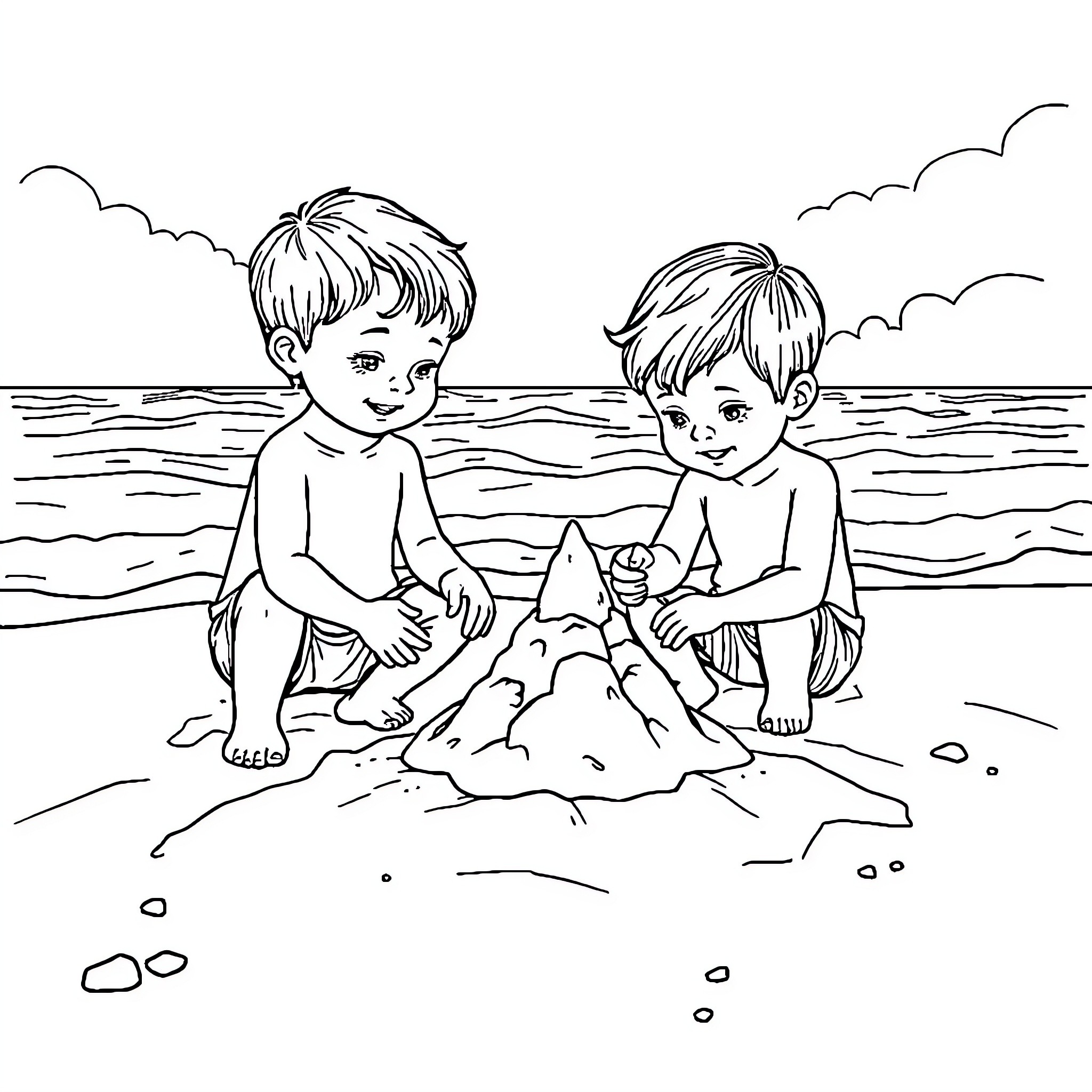 Kid brothers playing in the sand by the ocean Coloring Page (free black-and-white line drawing printable PDF for all, from beginners to advanced learners, including children, teens, adults, and seniors)