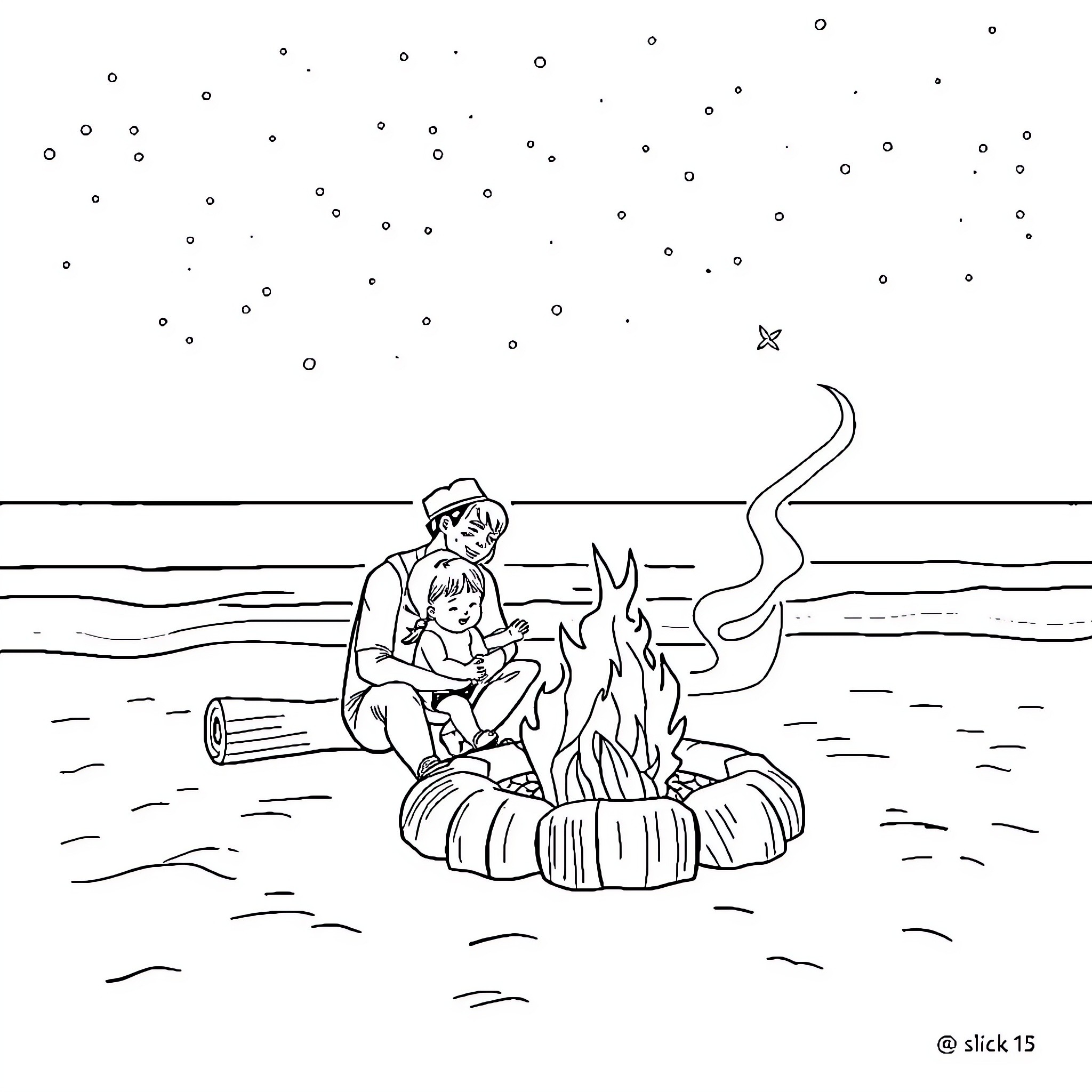 Family Enjoying Cozy Campfire Under Starry Night Coloring Page (free black-and-white line drawing printable PDF for all, from beginners to advanced learners, including children, teens, adults, and seniors)