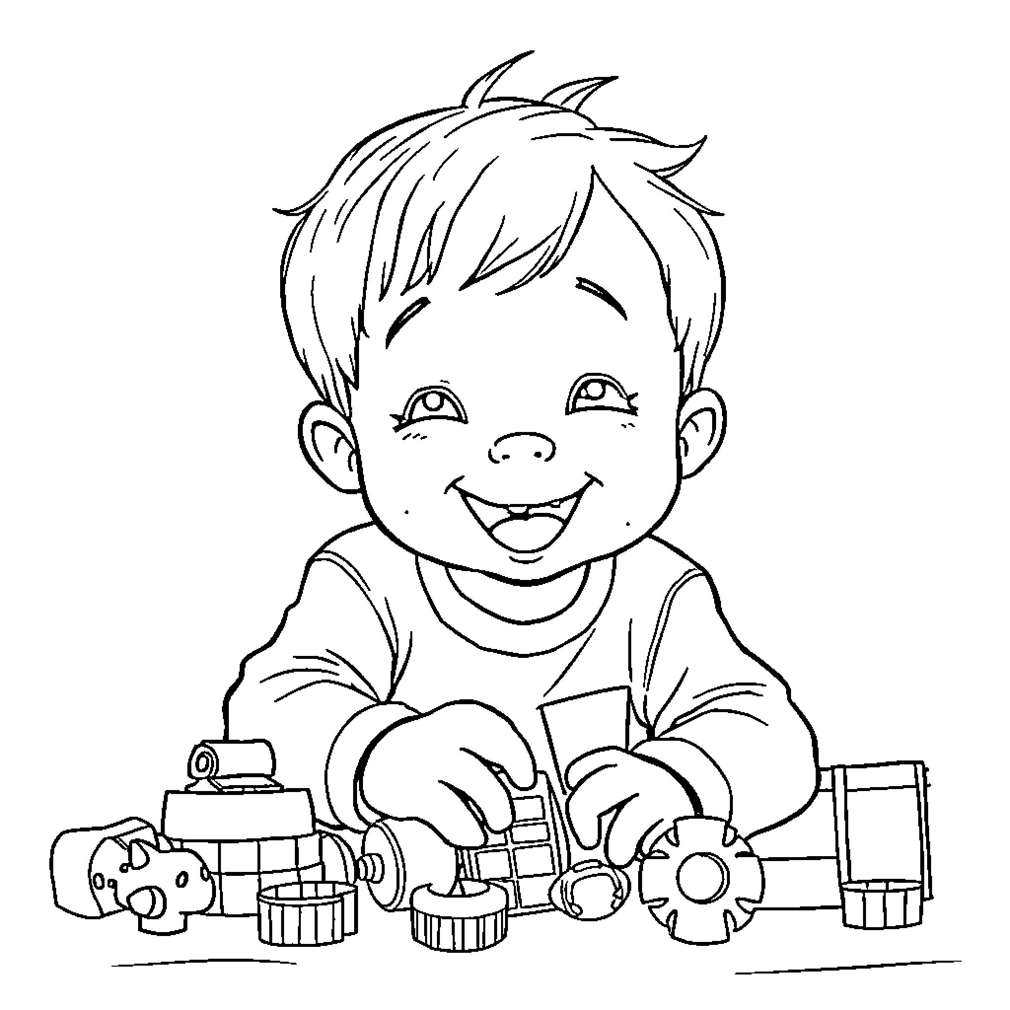 Child playing with toys happily Coloring Page (free black-and-white line drawing printable PDF for all, from beginners to advanced learners, including children, teens, adults, and seniors)