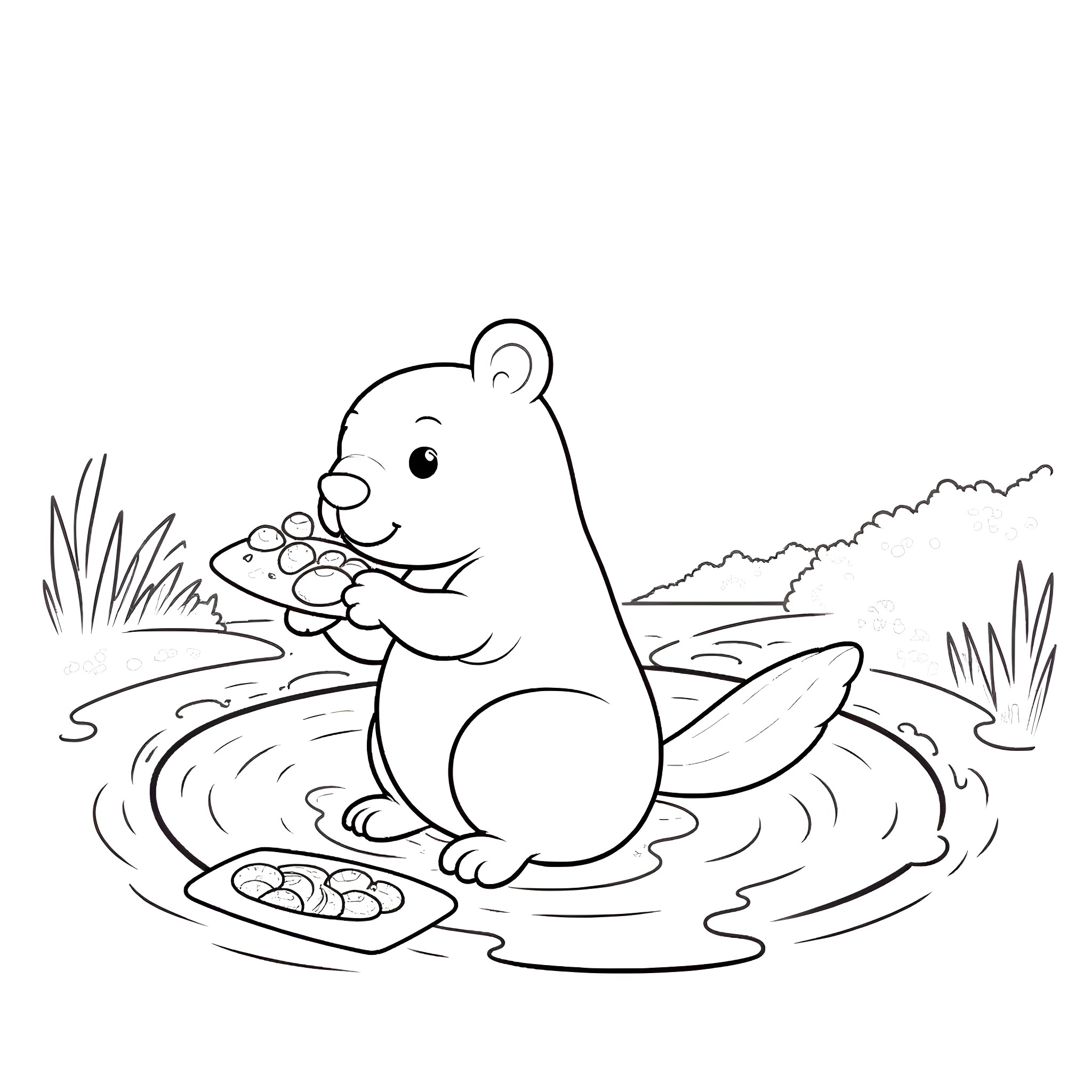 Beaver enjoying a snack in the pond Coloring Page (free black-and-white line drawing printable PDF for all, from beginners to advanced learners, including children, teens, adults, and seniors)