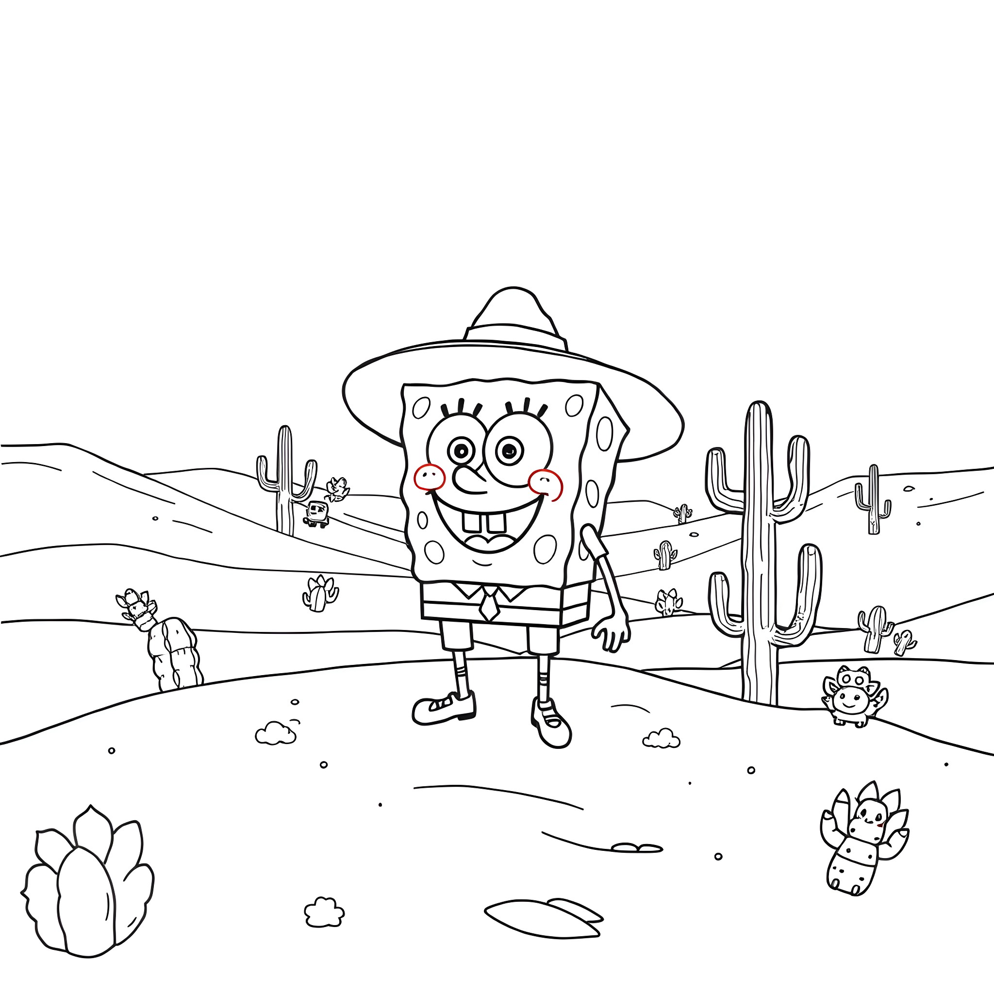 Spongebob in a desert landscape Coloring Page (free black-and-white line drawing printable PDF for all, from beginners to advanced learners, including children, teens, adults, and seniors)