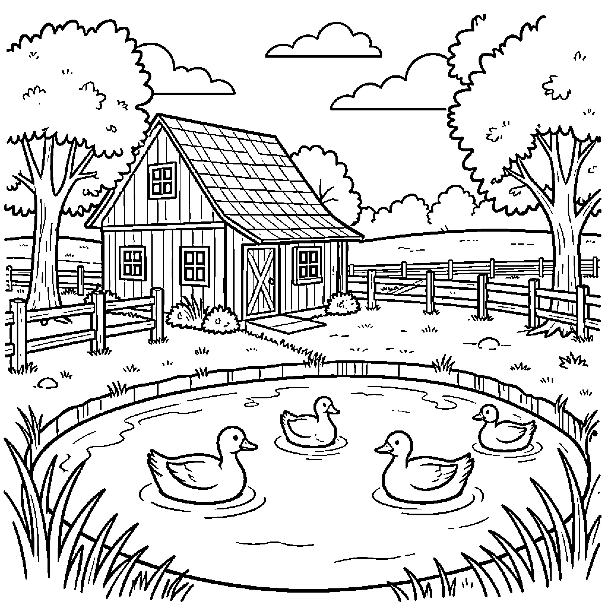 Farm scene with ducks swimming in a pond Coloring Page (free black-and-white line drawing printable PDF for all, from beginners to advanced learners, including children, teens, adults, and seniors)