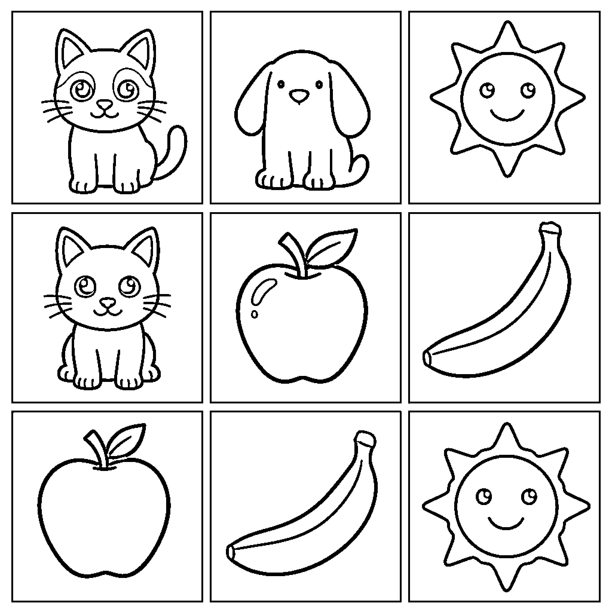 Shapes of Playful Animals and Sunny Objects Coloring Page (free black-and-white line drawing printable PDF for all, from beginners to advanced learners, including children, teens, adults, and seniors)
