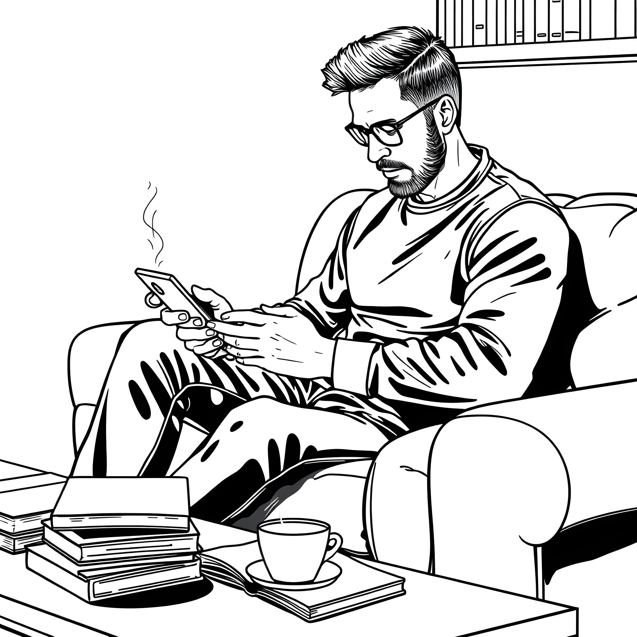 Man reading a book while enjoying coffee in his living room Coloring Page (free black-and-white line drawing printable PDF for all, from beginners to advanced learners, including children, teens, adults, and seniors)