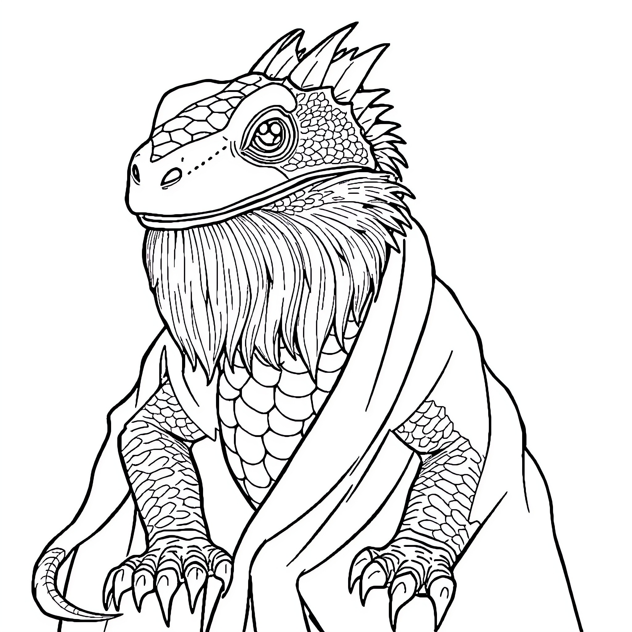 Bearded Dragon in Detailed Illustration Coloring Page (free black-and-white line drawing printable PDF for all, from beginners to advanced learners, including children, teens, adults, and seniors)