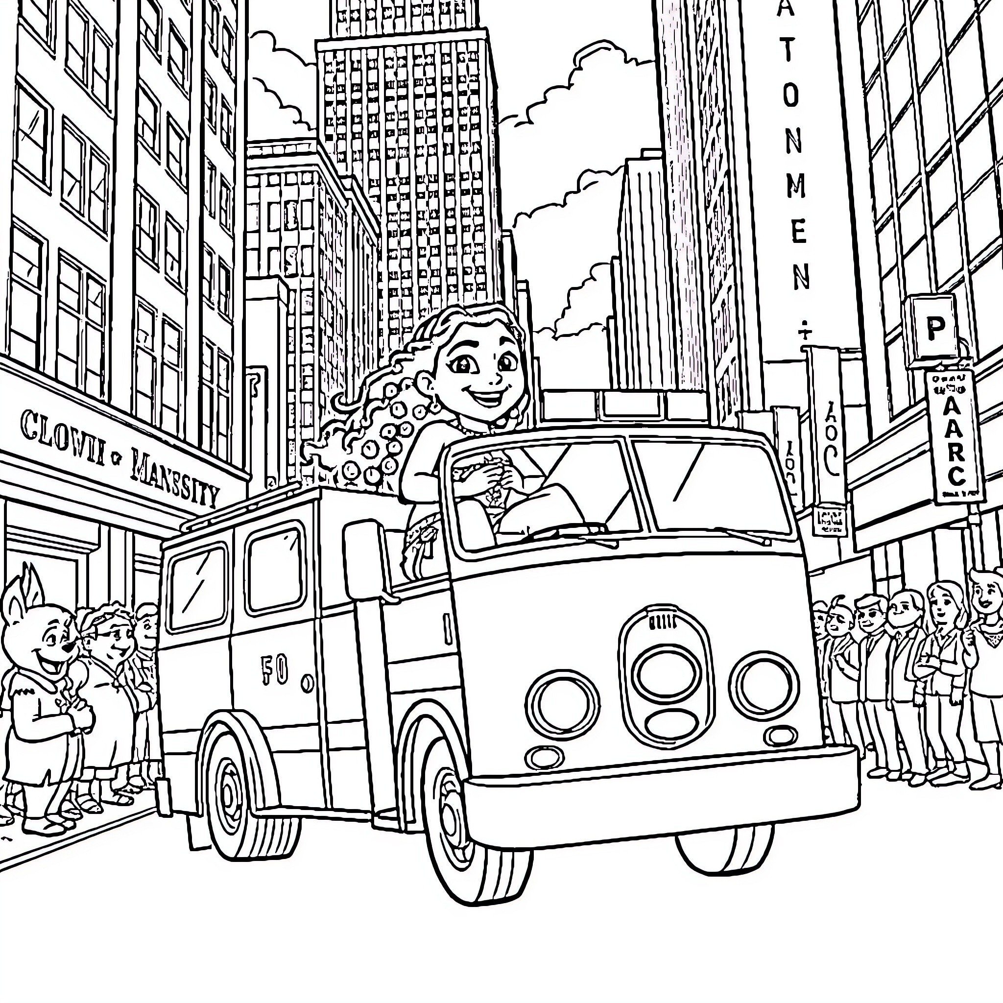 Moana explores the bustling city in a distinctive vehicle Coloring Page (free black-and-white line drawing printable PDF for all, from beginners to advanced learners, including children, teens, adults, and seniors)