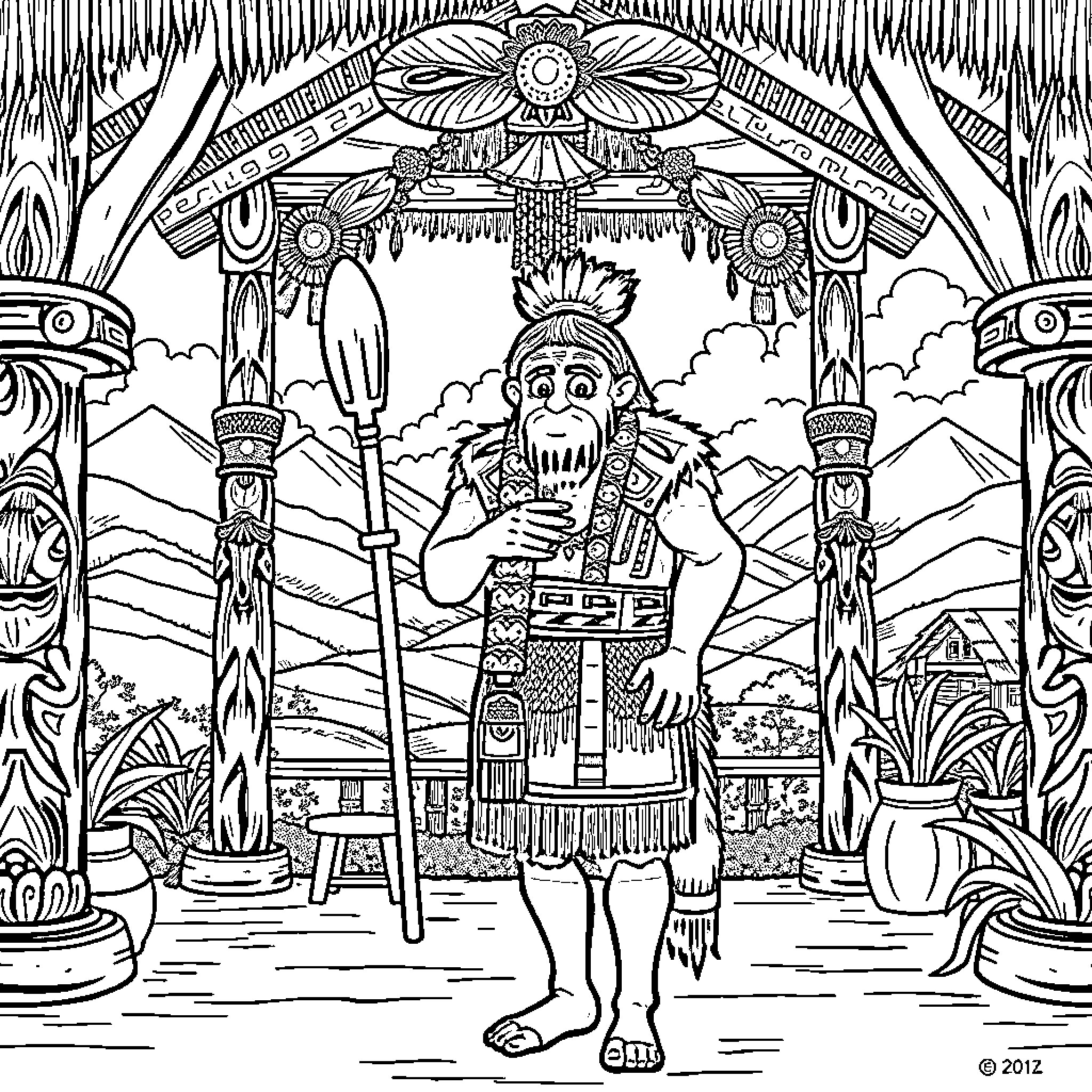 Huntrix - Tribal Warrior in Mystical Landscape Coloring Page (free black-and-white line drawing printable PDF for all, from beginners to advanced learners, including children, teens, adults, and seniors)
