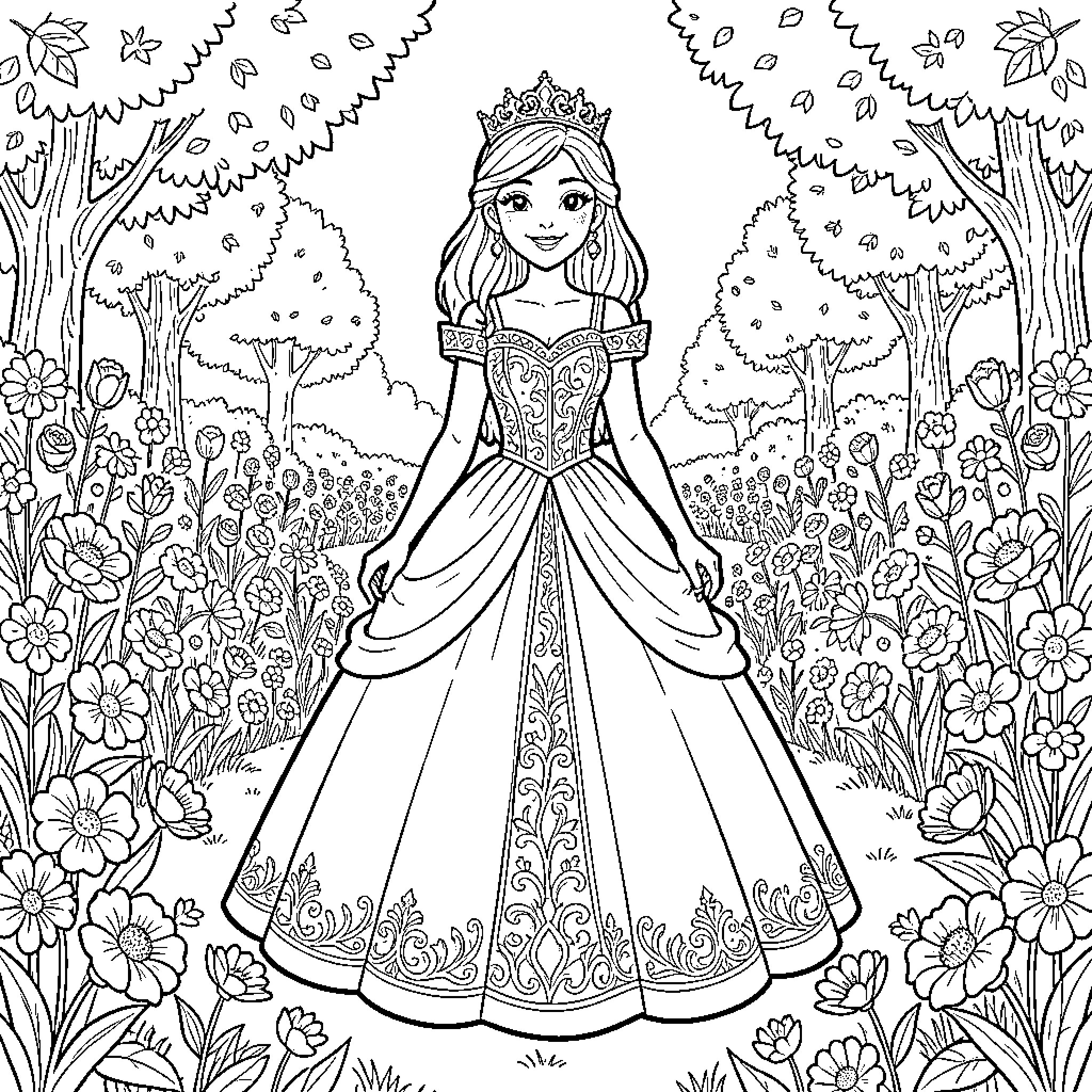 Princess wearing a crown standing in a flower garden Coloring Page (free black-and-white line drawing printable PDF for all, from beginners to advanced learners, including children, teens, adults, and seniors)