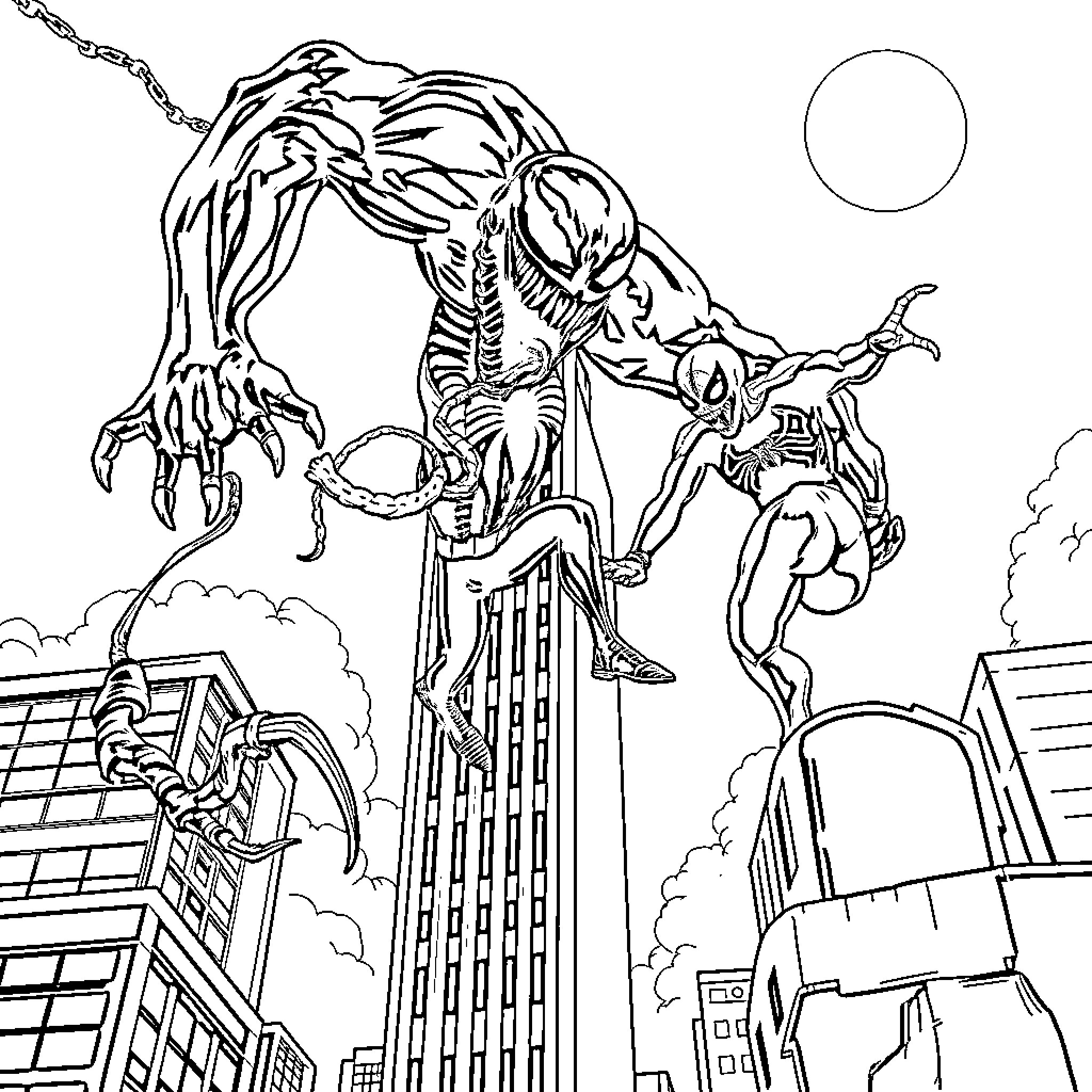 Venom takes over the city skyline Coloring Page (free black-and-white line drawing printable PDF for all, from beginners to advanced learners, including children, teens, adults, and seniors)