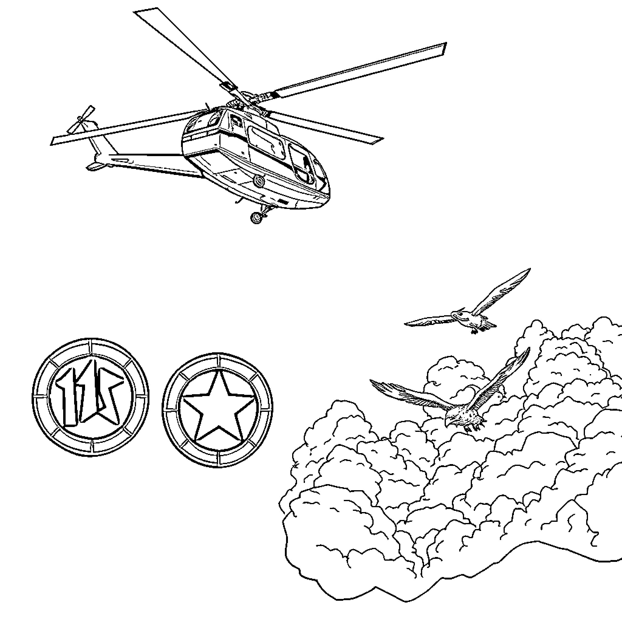 Helicopter in flight over cloudy sky Coloring Page (free black-and-white line drawing printable PDF for all, from beginners to advanced learners, including children, teens, adults, and seniors)