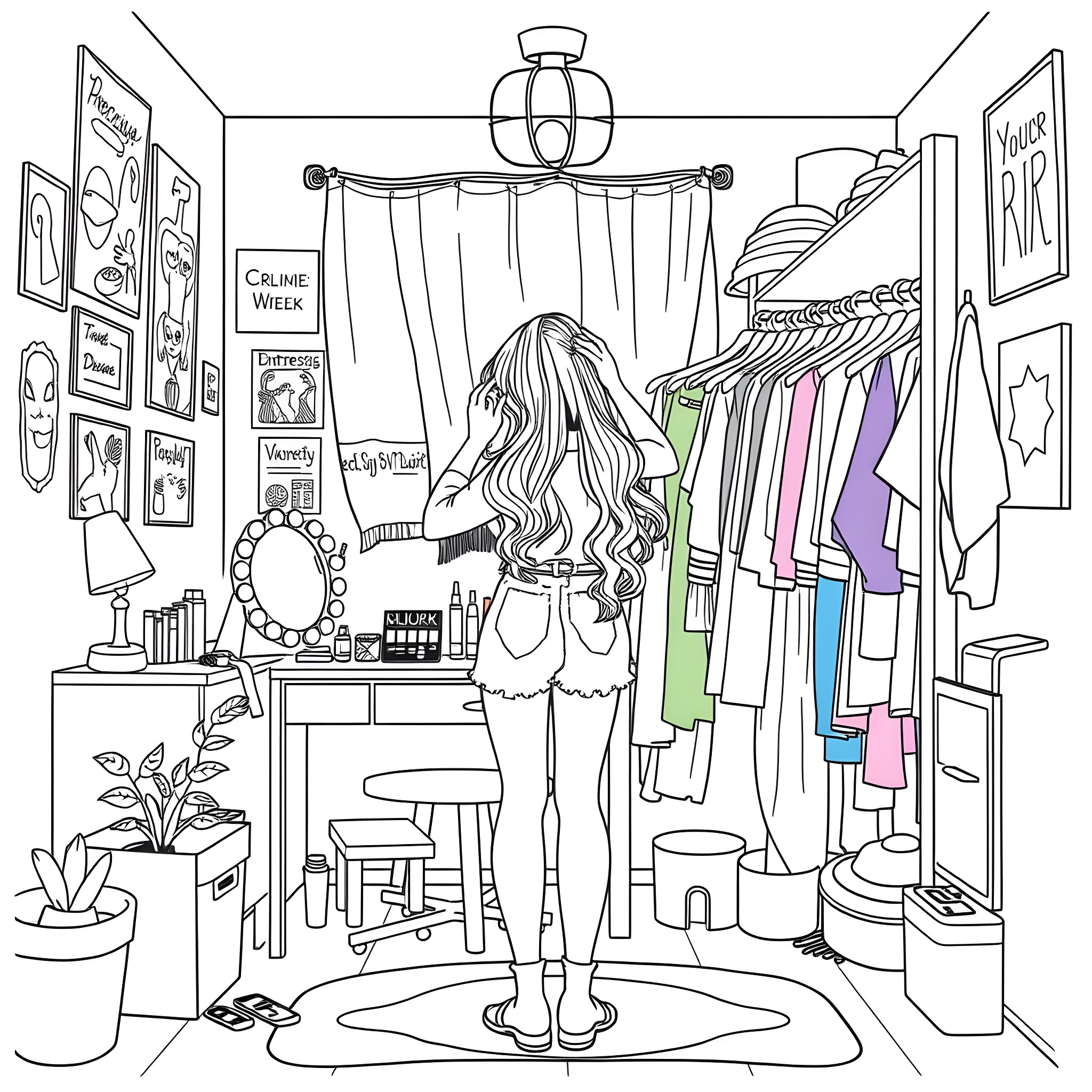 Girl Admiring Her Fashionable Wardrobe Coloring Page (free black-and-white line drawing printable PDF for all, from beginners to advanced learners, including children, teens, adults, and seniors)