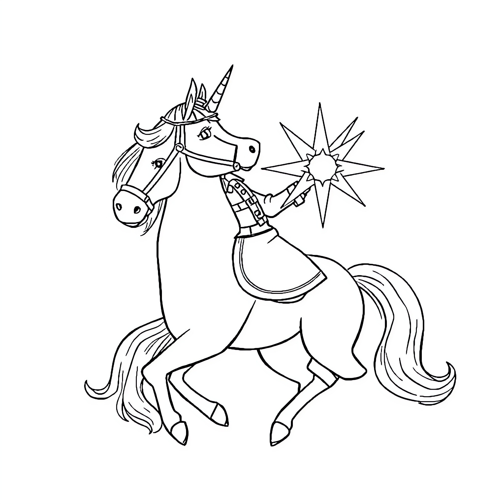 Pompier unicorn riding with magical star Coloring Page (free black-and-white line drawing printable PDF for all, from beginners to advanced learners, including children, teens, adults, and seniors)
