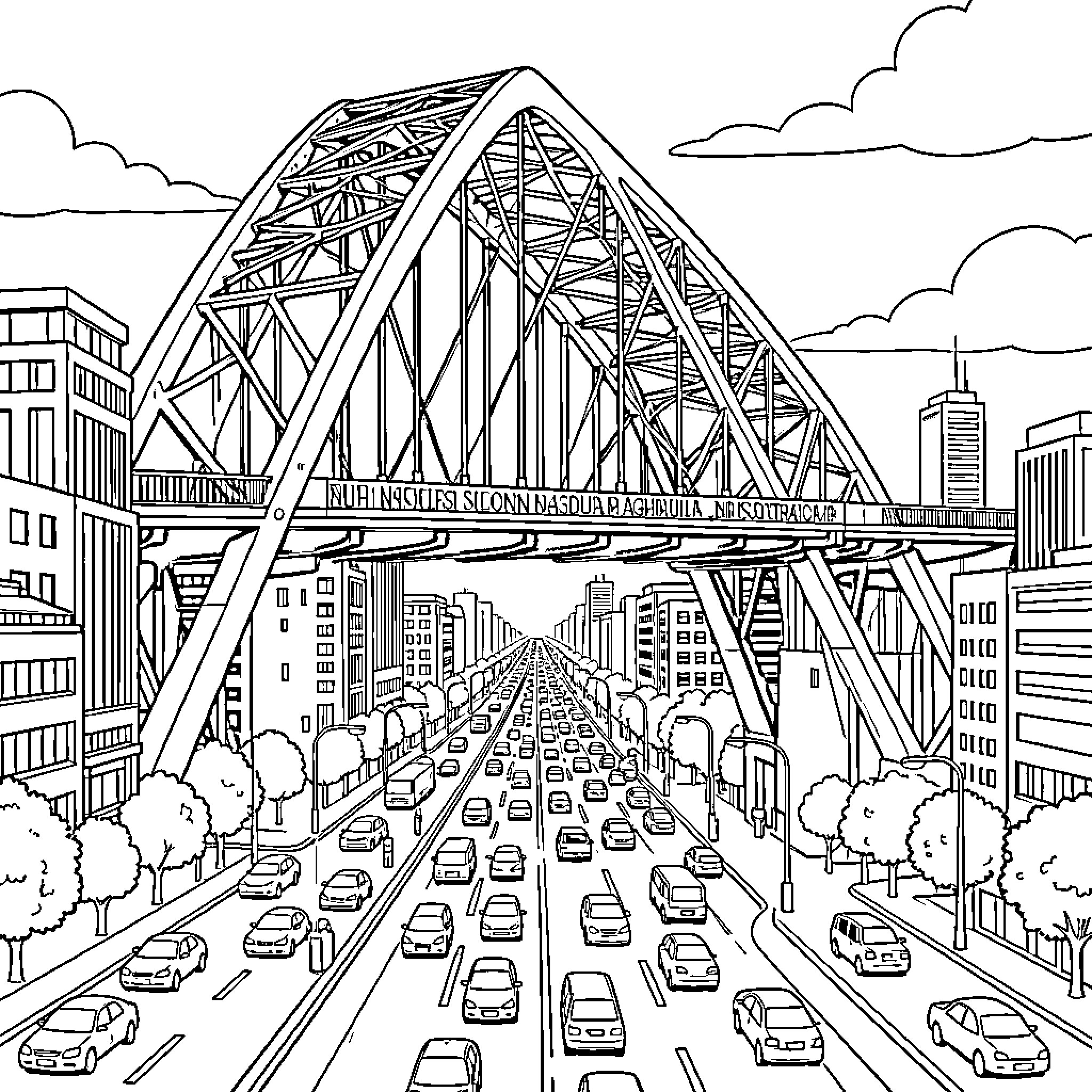 Nelson Mandela Bridge with bustling urban traffic Coloring Page (free black-and-white line drawing printable PDF for all, from beginners to advanced learners, including children, teens, adults, and seniors)