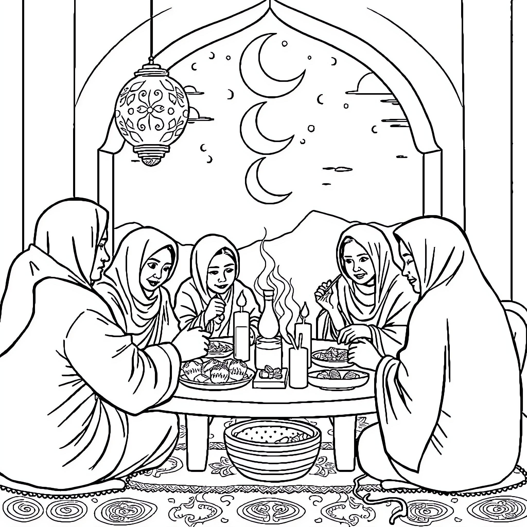 Tung Tung Gathering for Ramadan Feast Coloring Page (free black-and-white line drawing printable PDF for all, from beginners to advanced learners, including children, teens, adults, and seniors)