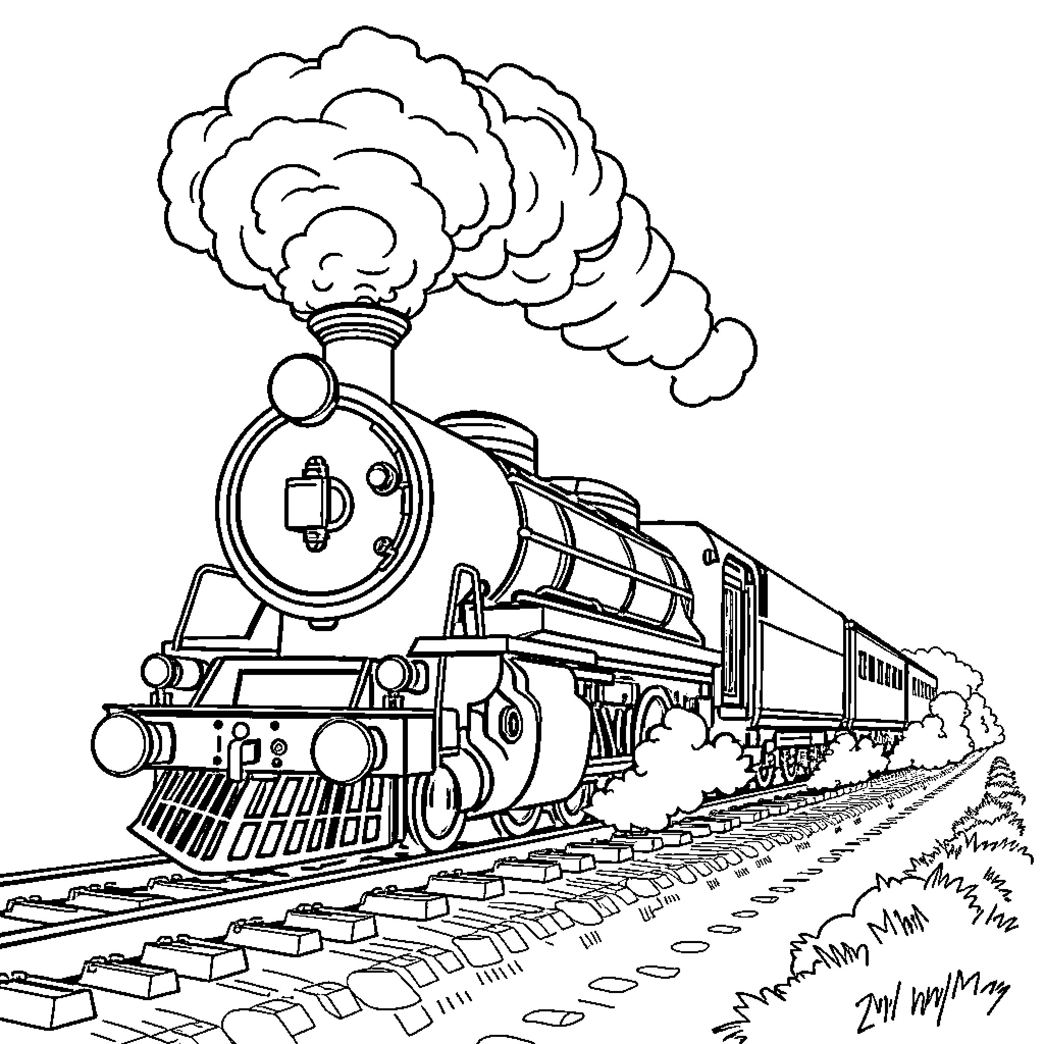 Steam Train Traveling Through Scenic Countryside Coloring Page (free black-and-white line drawing printable PDF for all, from beginners to advanced learners, including children, teens, adults, and seniors)