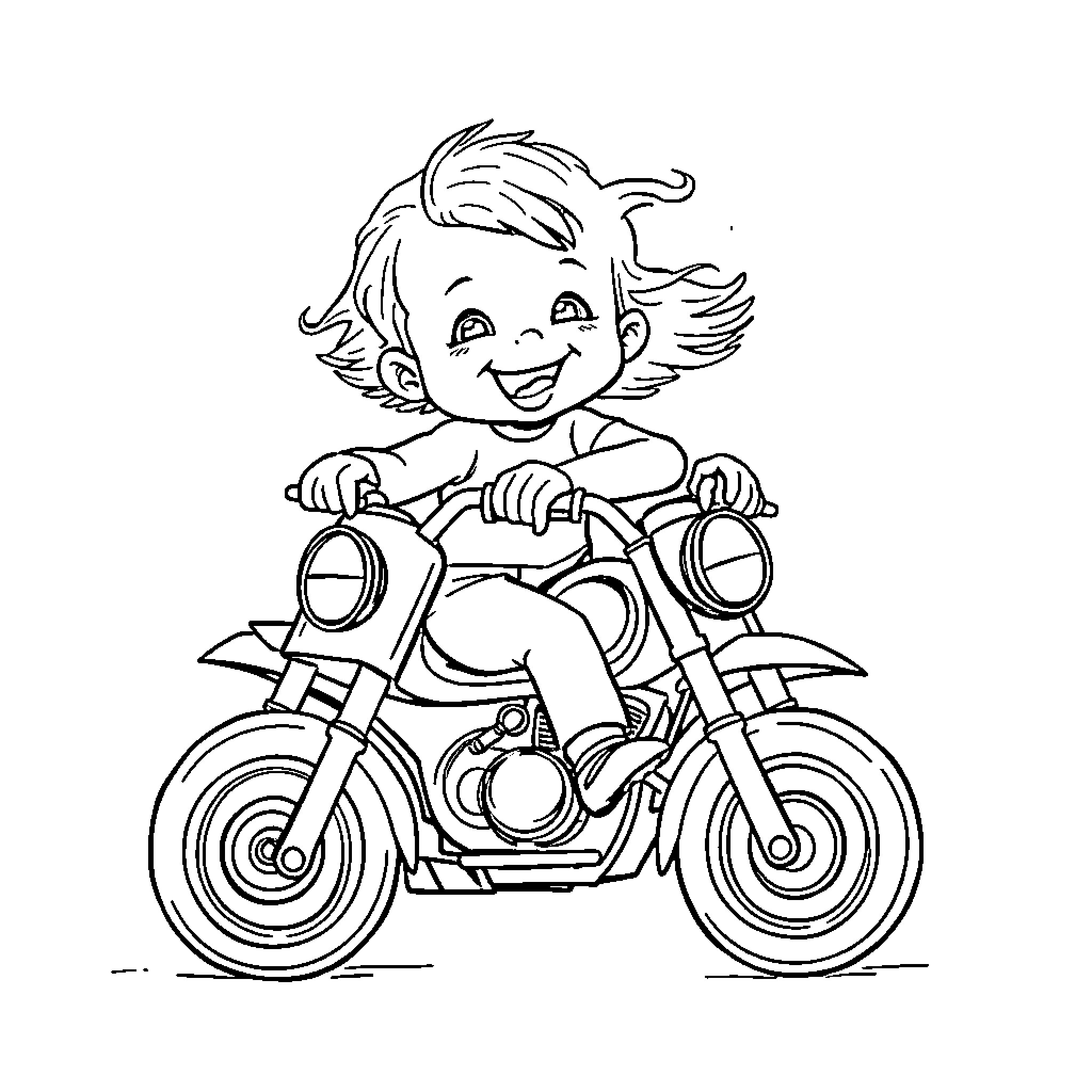 Baby riding motorcycle with a happy expression Coloring Page (free black-and-white line drawing printable PDF for all, from beginners to advanced learners, including children, teens, adults, and seniors)