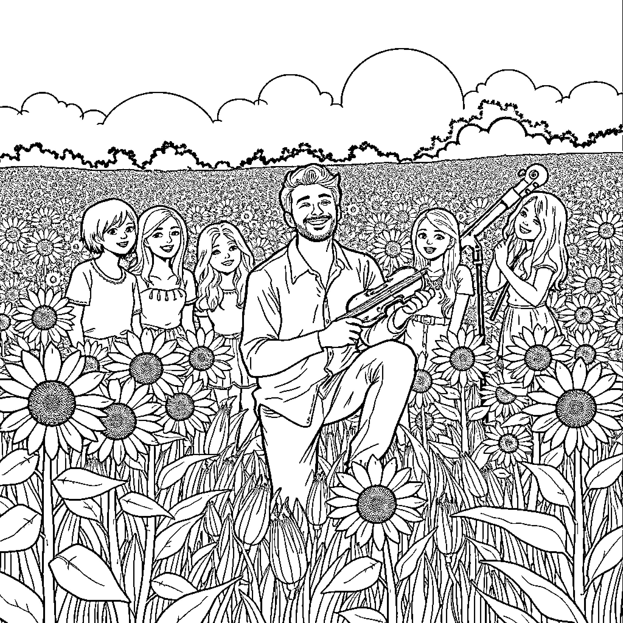 Man surrounded by family in sunflower field Coloring Page (free black-and-white line drawing printable PDF for all, from beginners to advanced learners, including children, teens, adults, and seniors)