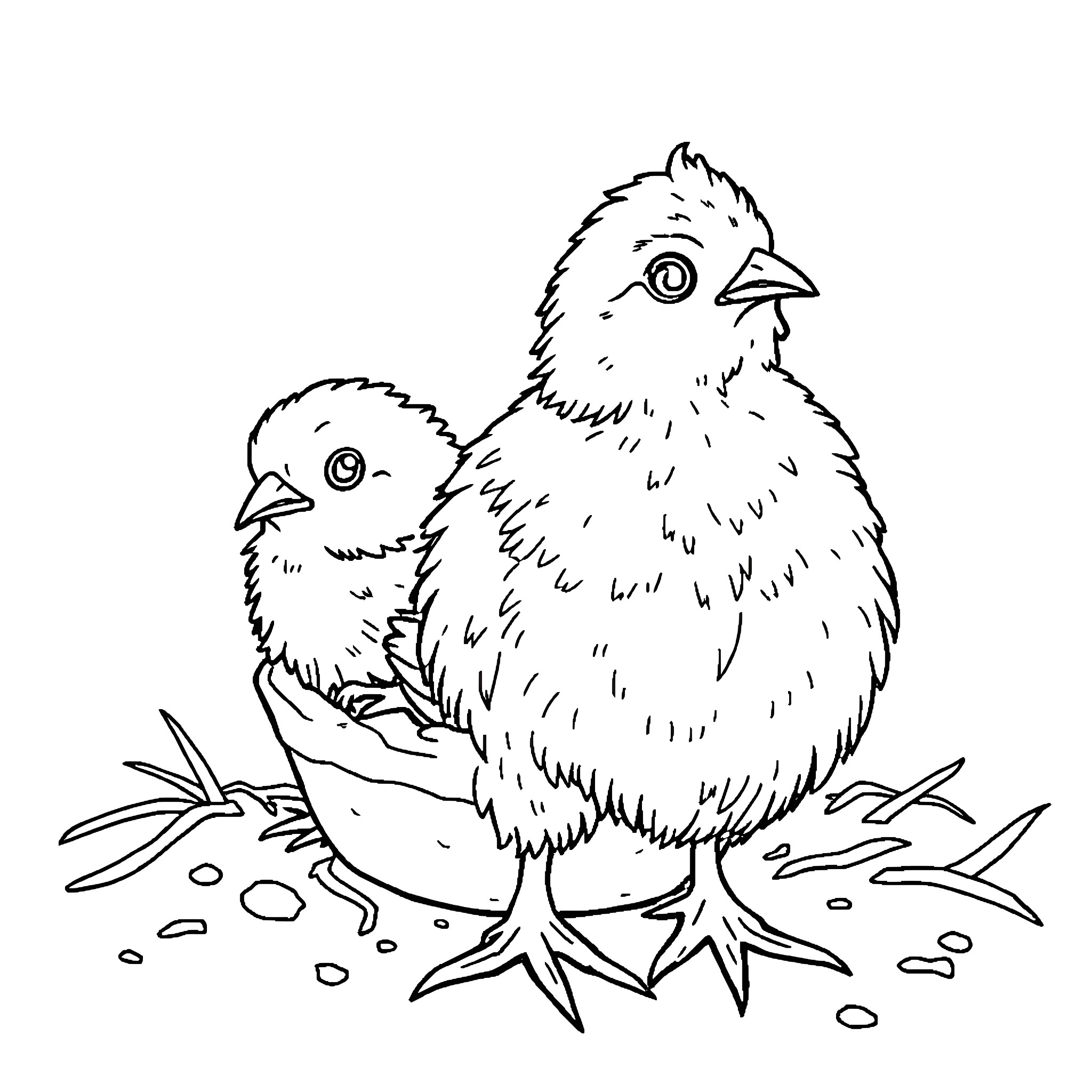 Chicken chicks in a nest Coloring Page (free black-and-white line drawing printable PDF for all, from beginners to advanced learners, including children, teens, adults, and seniors)