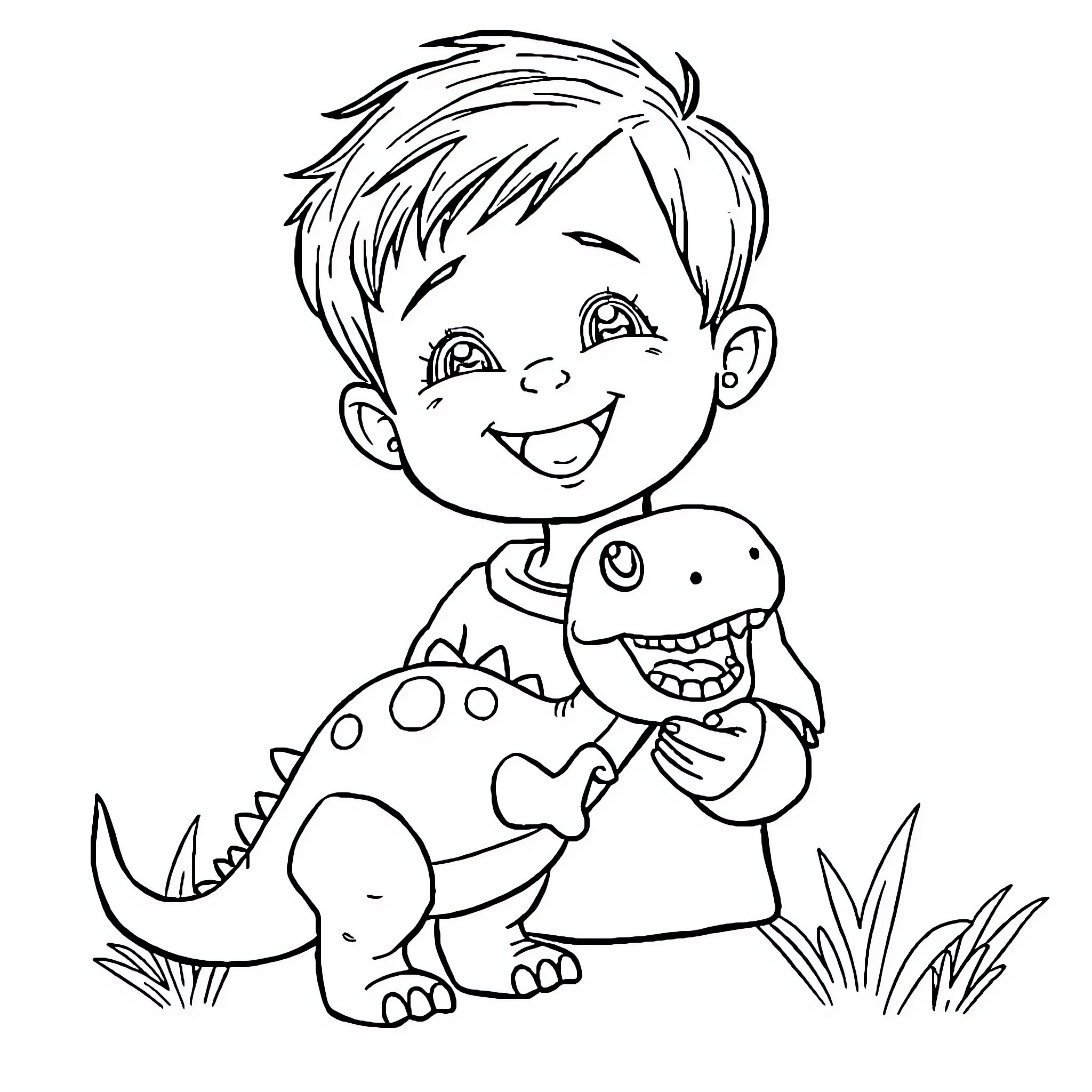 Child playing happily with toy dinosaur Coloring Page (free black-and-white line drawing printable PDF for all, from beginners to advanced learners, including children, teens, adults, and seniors)
