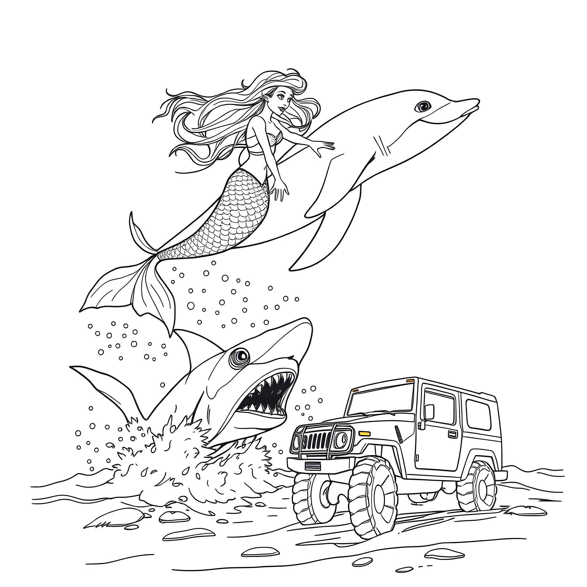 Mermaid riding on a dolphin with a shark and jeep in the background Coloring Page (free black-and-white line drawing printable PDF for all, from beginners to advanced learners, including children, teens, adults, and seniors)