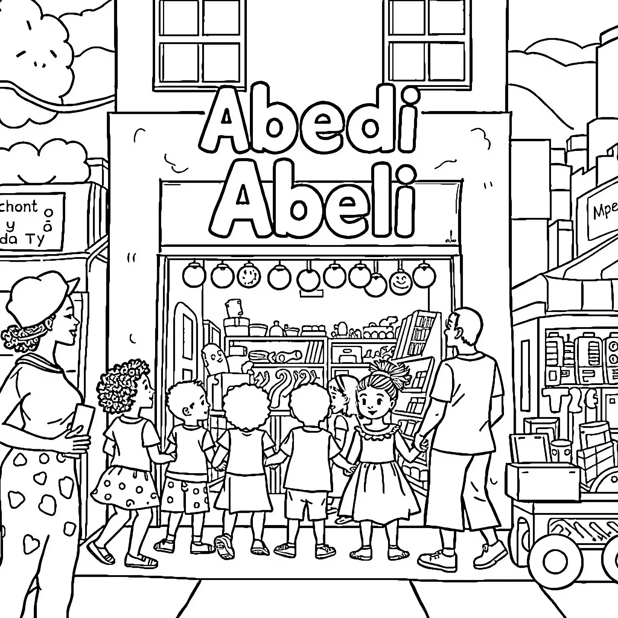 Toy Store Bustling with Playful Customers Coloring Page (free black-and-white line drawing printable PDF for all, from beginners to advanced learners, including children, teens, adults, and seniors)