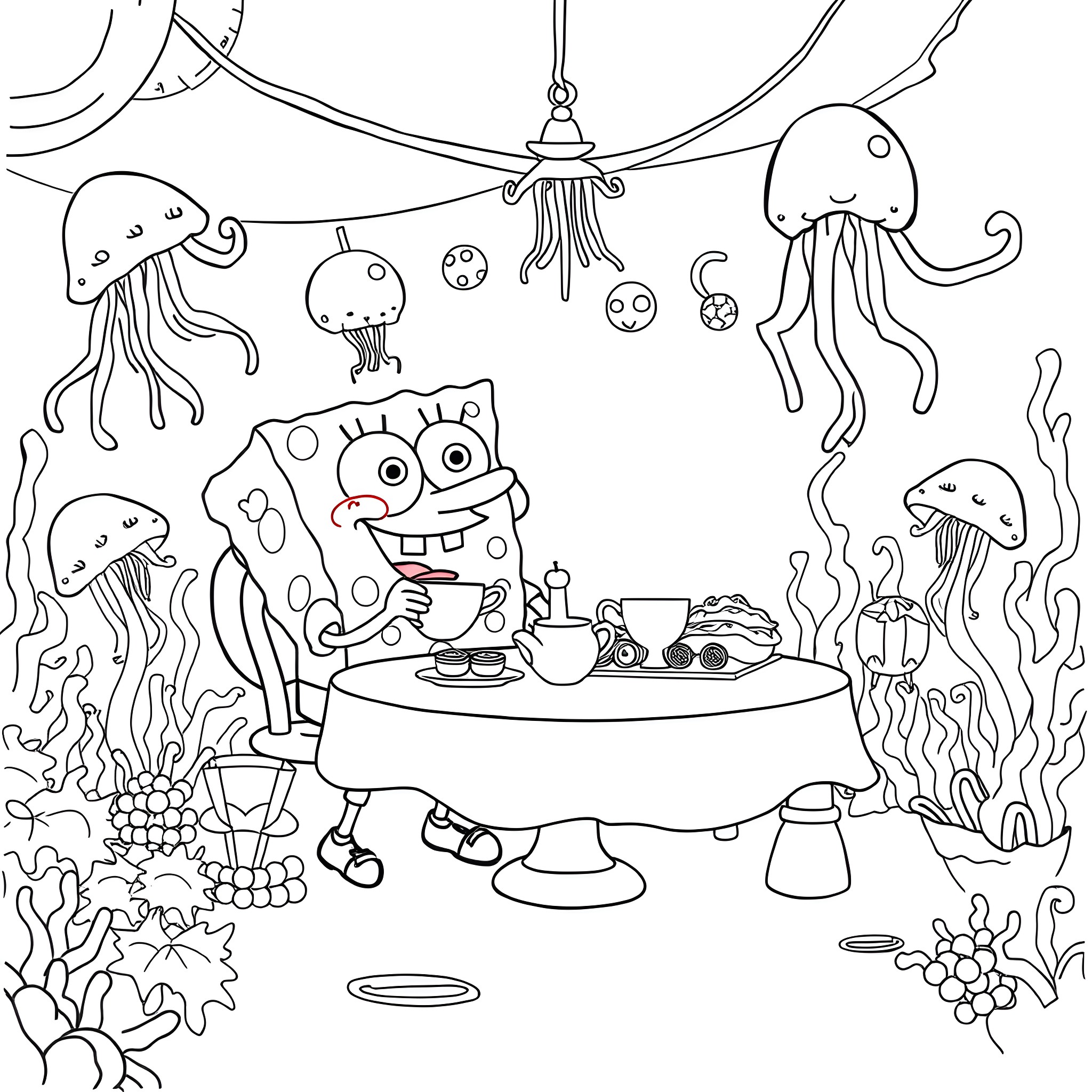 Spongebob enjoying a tea party with underwater friends Coloring Page (free black-and-white line drawing printable PDF for all, from beginners to advanced learners, including children, teens, adults, and seniors)