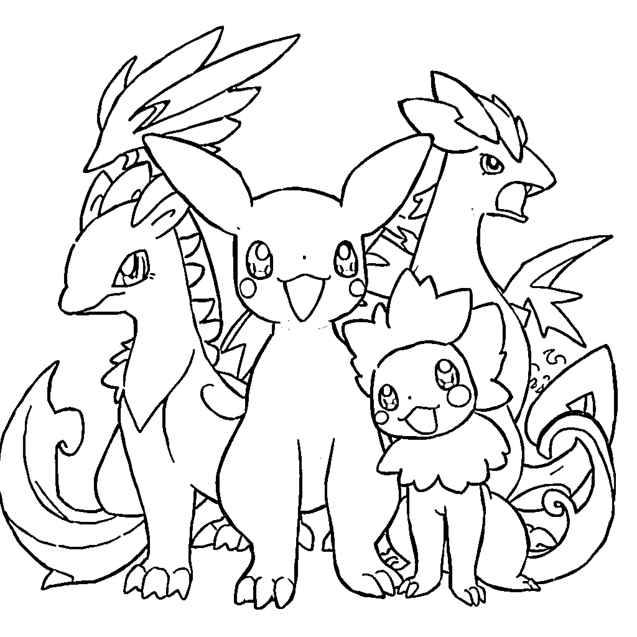 Pokémon characters in a group pose Coloring Page (free black-and-white line drawing printable PDF for all, from beginners to advanced learners, including children, teens, adults, and seniors)
