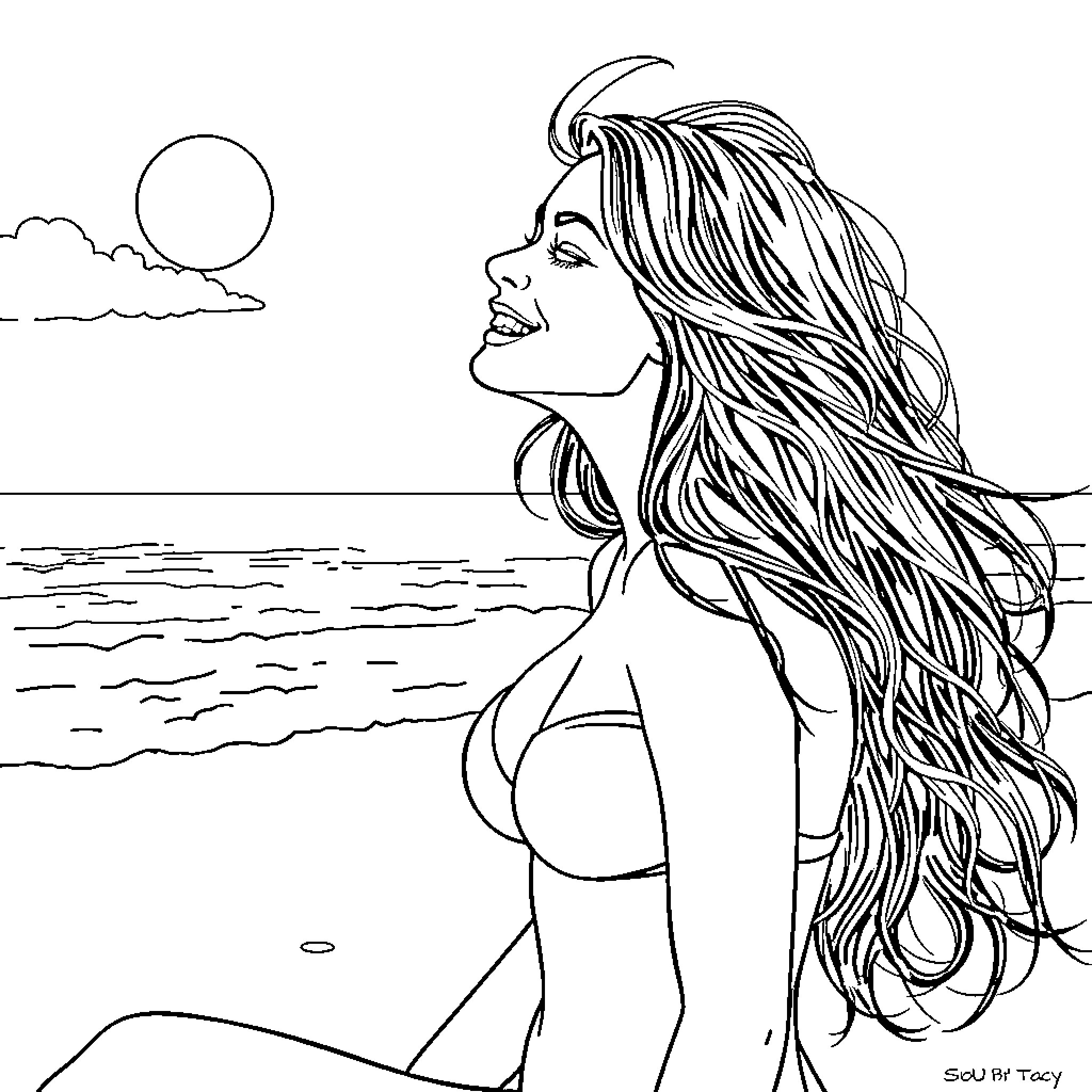 Beach Babe Enjoying the Sunset Coloring Page (free black-and-white line drawing printable PDF for all, from beginners to advanced learners, including children, teens, adults, and seniors)
