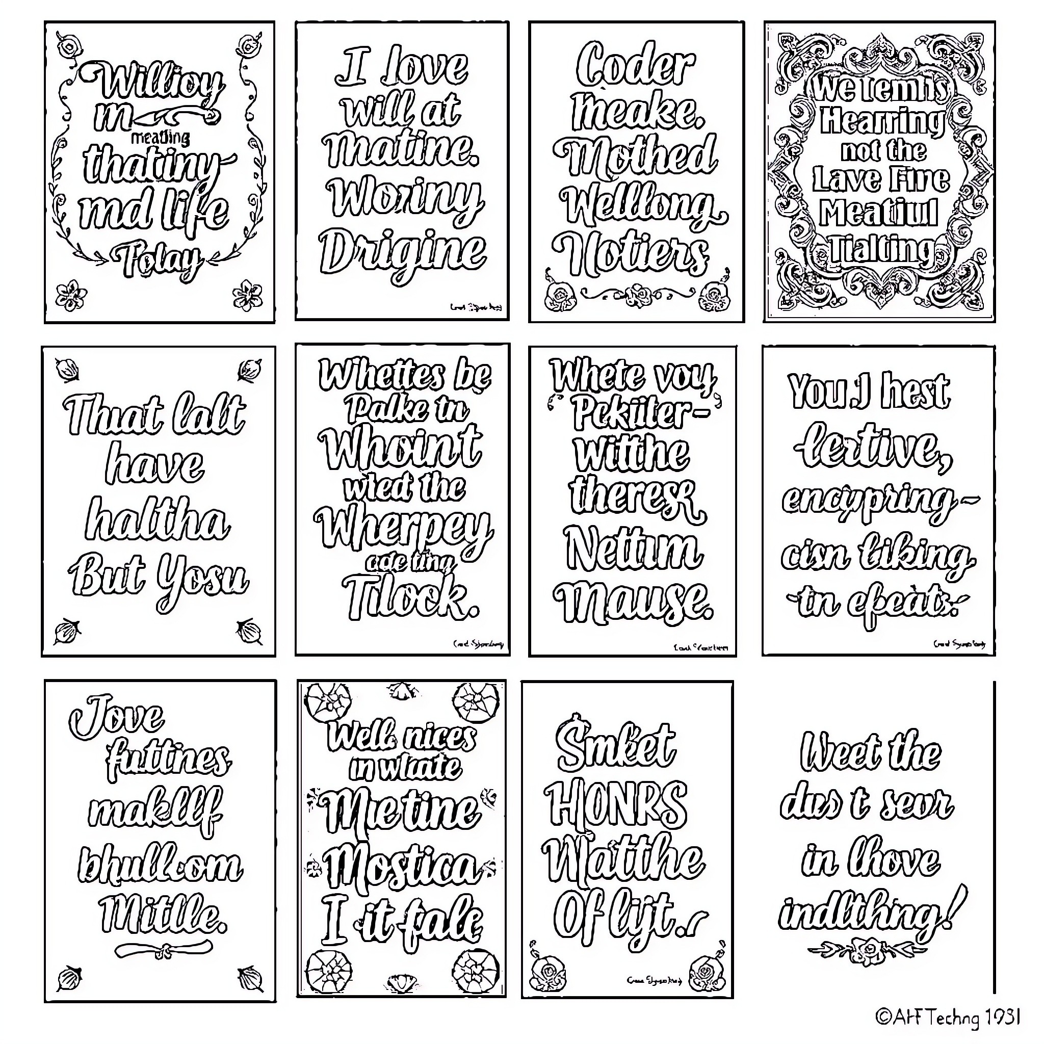Quote Whimsical Lettering and Doodle Designs Coloring Page (free black-and-white line drawing printable PDF for all, from beginners to advanced learners, including children, teens, adults, and seniors)