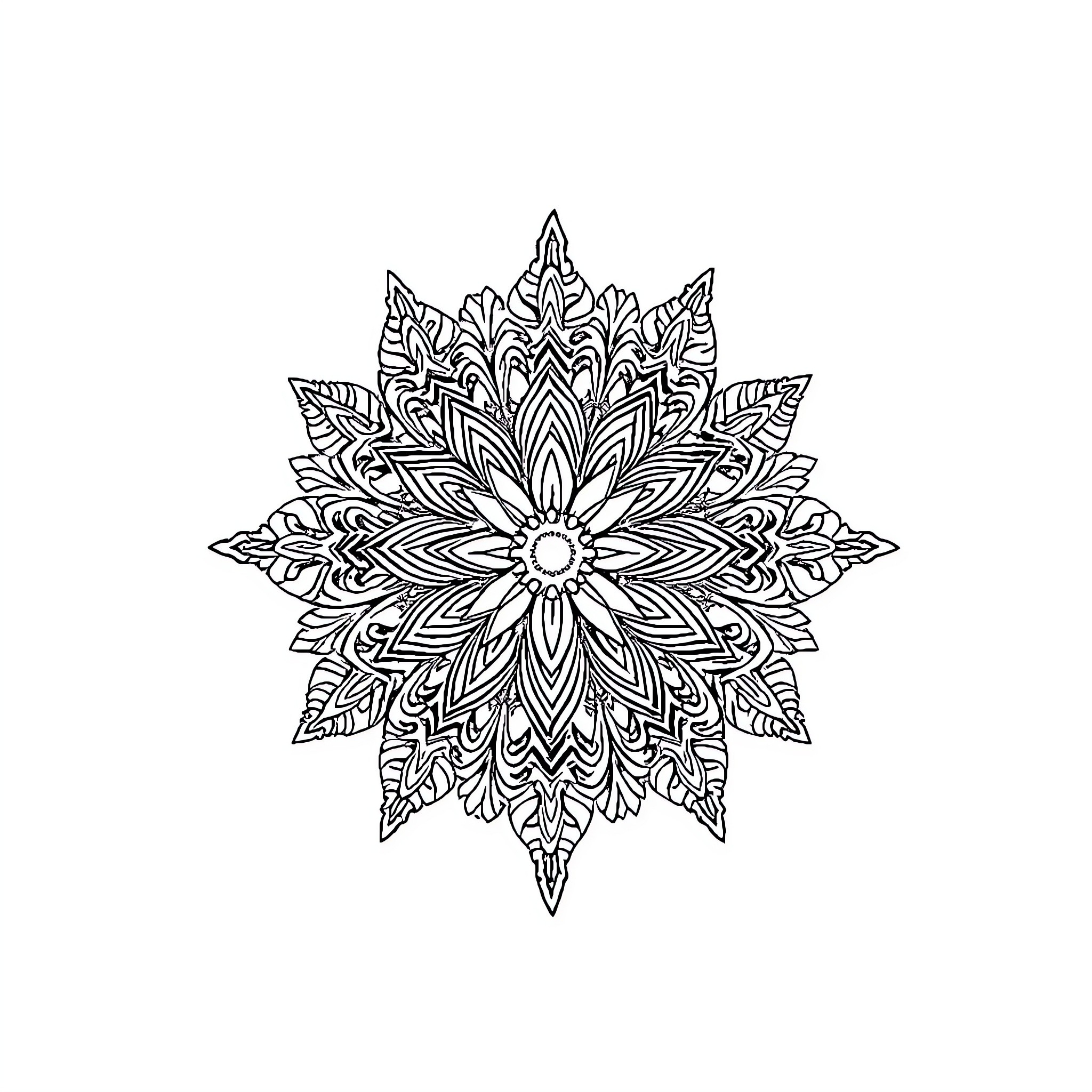 Complex Floral Mandala Design Coloring Page (free black-and-white line drawing printable PDF for all, from beginners to advanced learners, including children, teens, adults, and seniors)