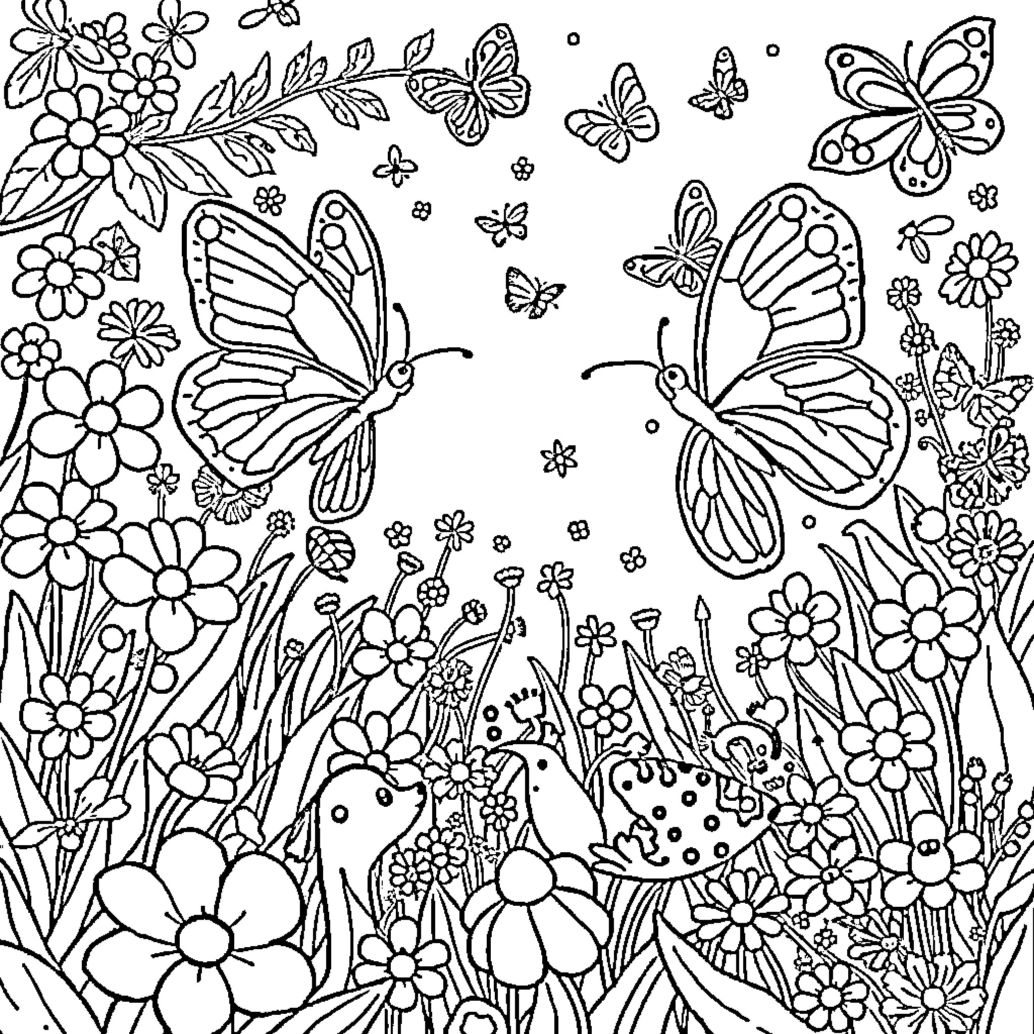 Butterfly garden with vibrant flowers and fluttering butterflies Coloring Page (free black-and-white line drawing printable PDF for all, from beginners to advanced learners, including children, teens, adults, and seniors)