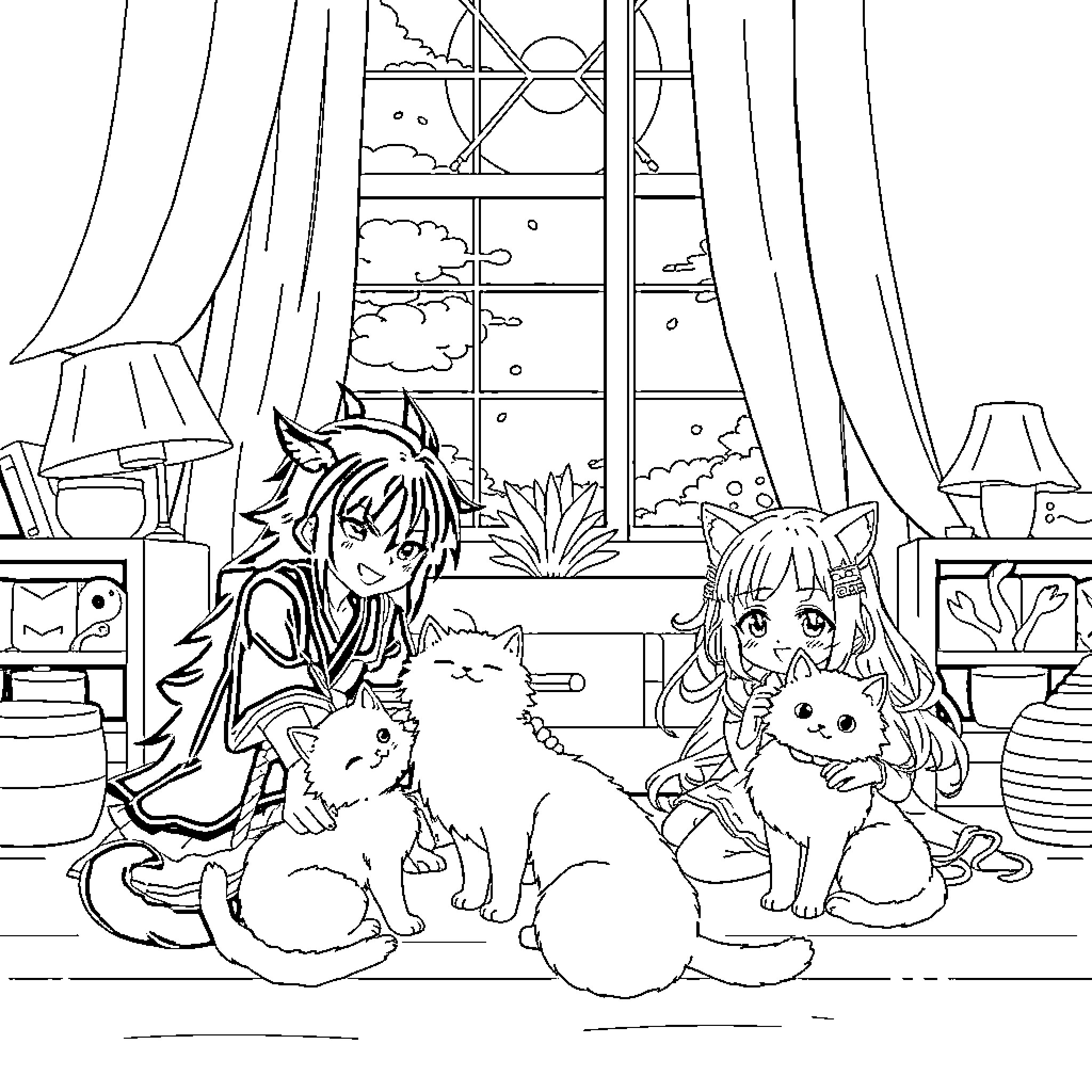 Demon Slayer Characters in Cozy Home Setting Coloring Page (free black-and-white line drawing printable PDF for all, from beginners to advanced learners, including children, teens, adults, and seniors)