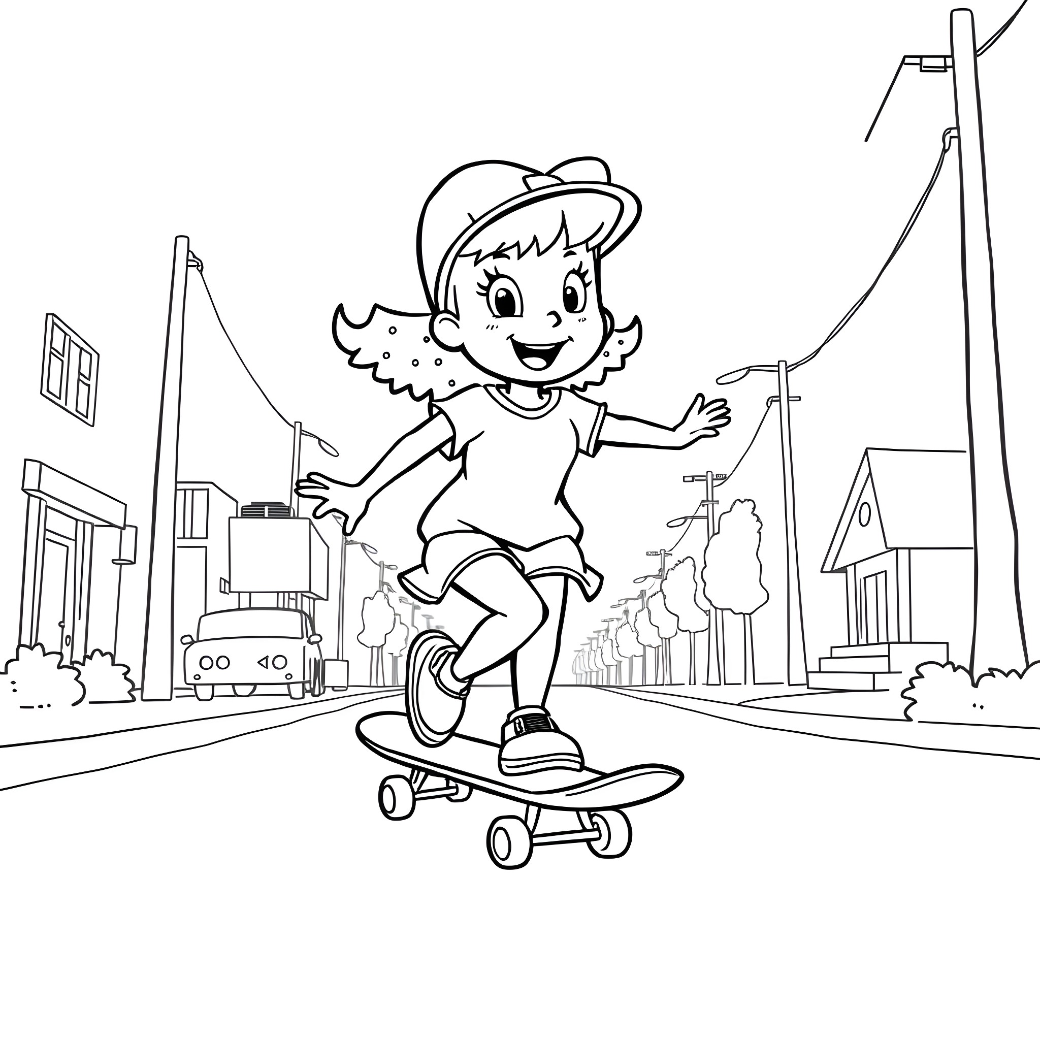 Mabel Pines skateboarding happily through the city Coloring Page (free black-and-white line drawing printable PDF for all, from beginners to advanced learners, including children, teens, adults, and seniors)
