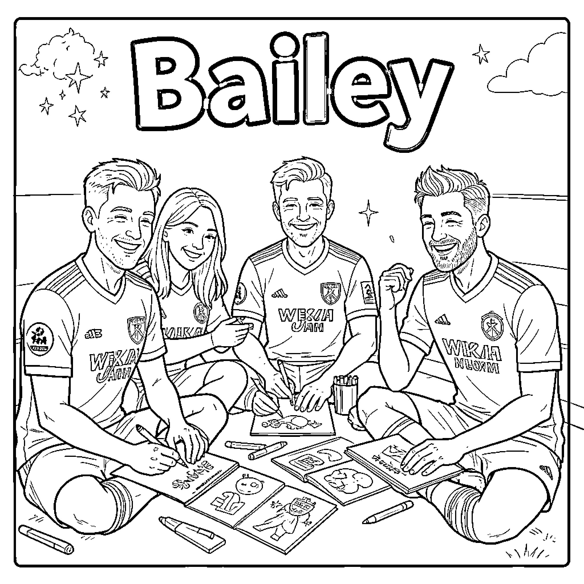 Football Team Playing Games Together Coloring Page (free black-and-white line drawing printable PDF for all, from beginners to advanced learners, including children, teens, adults, and seniors)