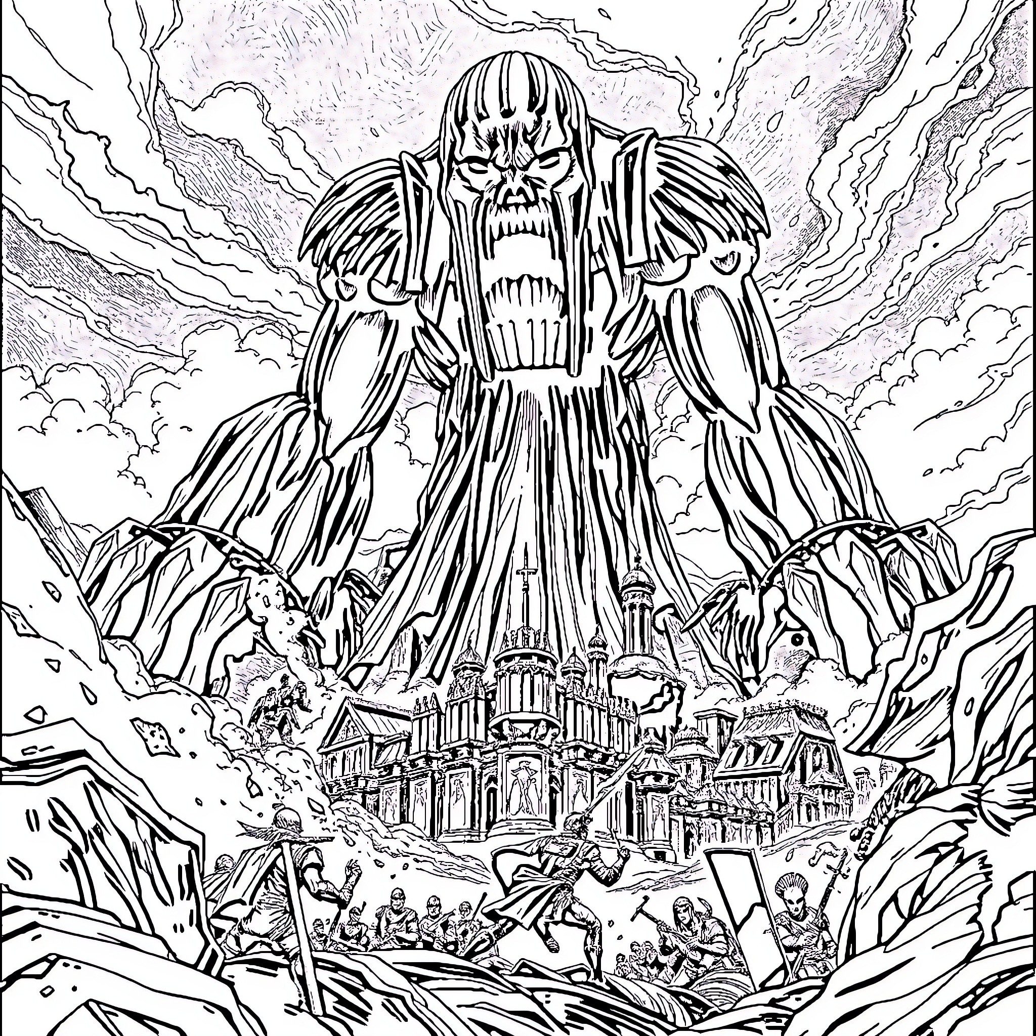 Attack on Titan: Colossal Titan's Destructive Rampage Coloring Page (free black-and-white line drawing printable PDF for all, from beginners to advanced learners, including children, teens, adults, and seniors)