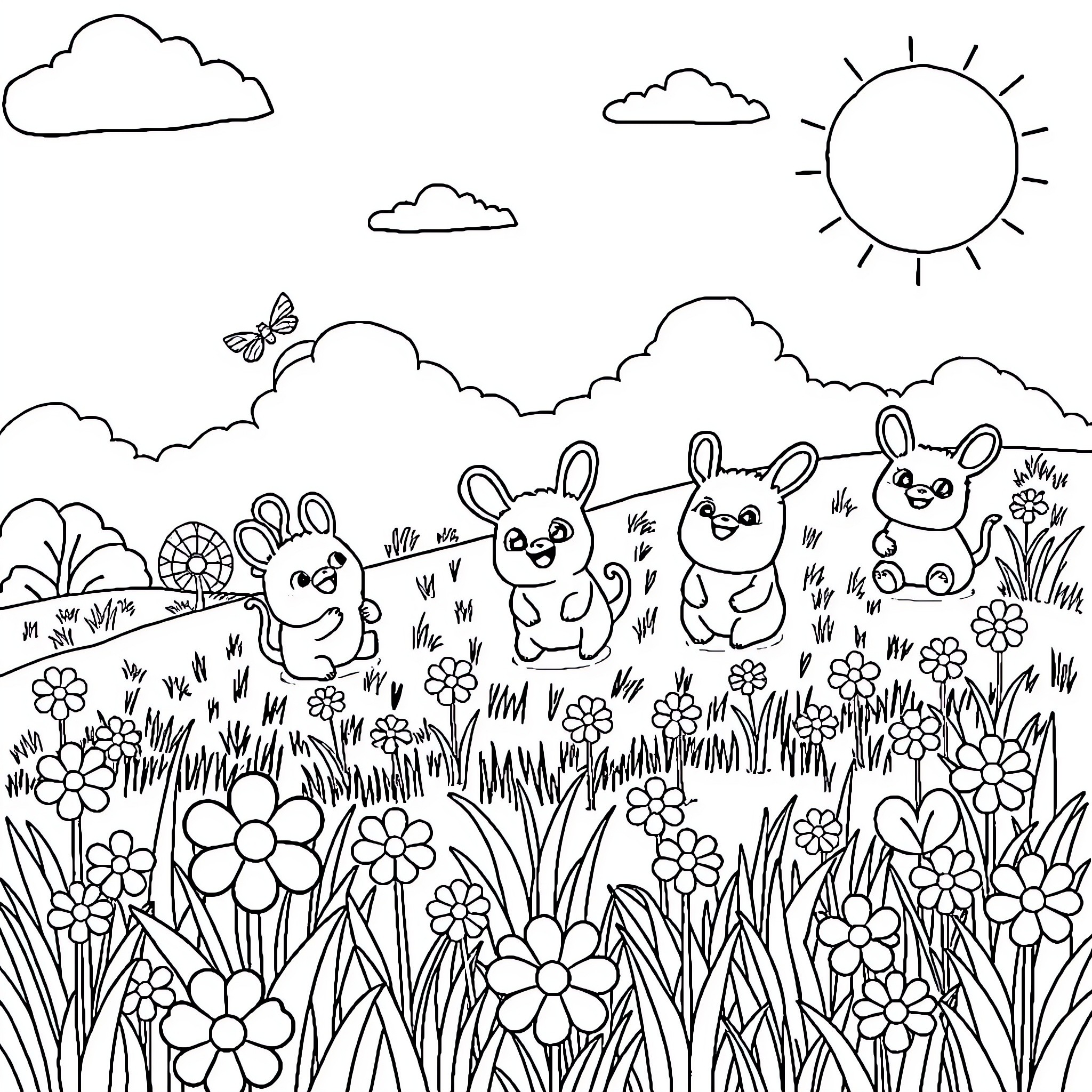 Labubu's Happy Meadow Adventure Coloring Page (free black-and-white line drawing printable PDF for all, from beginners to advanced learners, including children, teens, adults, and seniors)