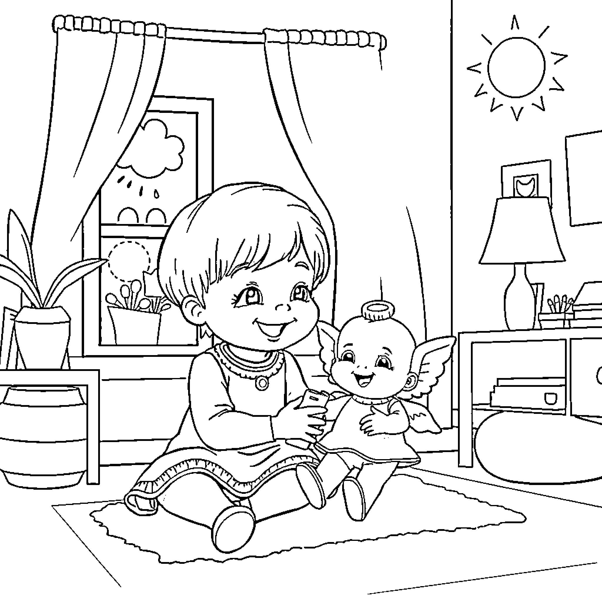 Rumi playing with a plush toy in a cozy room Coloring Page (free black-and-white line drawing printable PDF for all, from beginners to advanced learners, including children, teens, adults, and seniors)