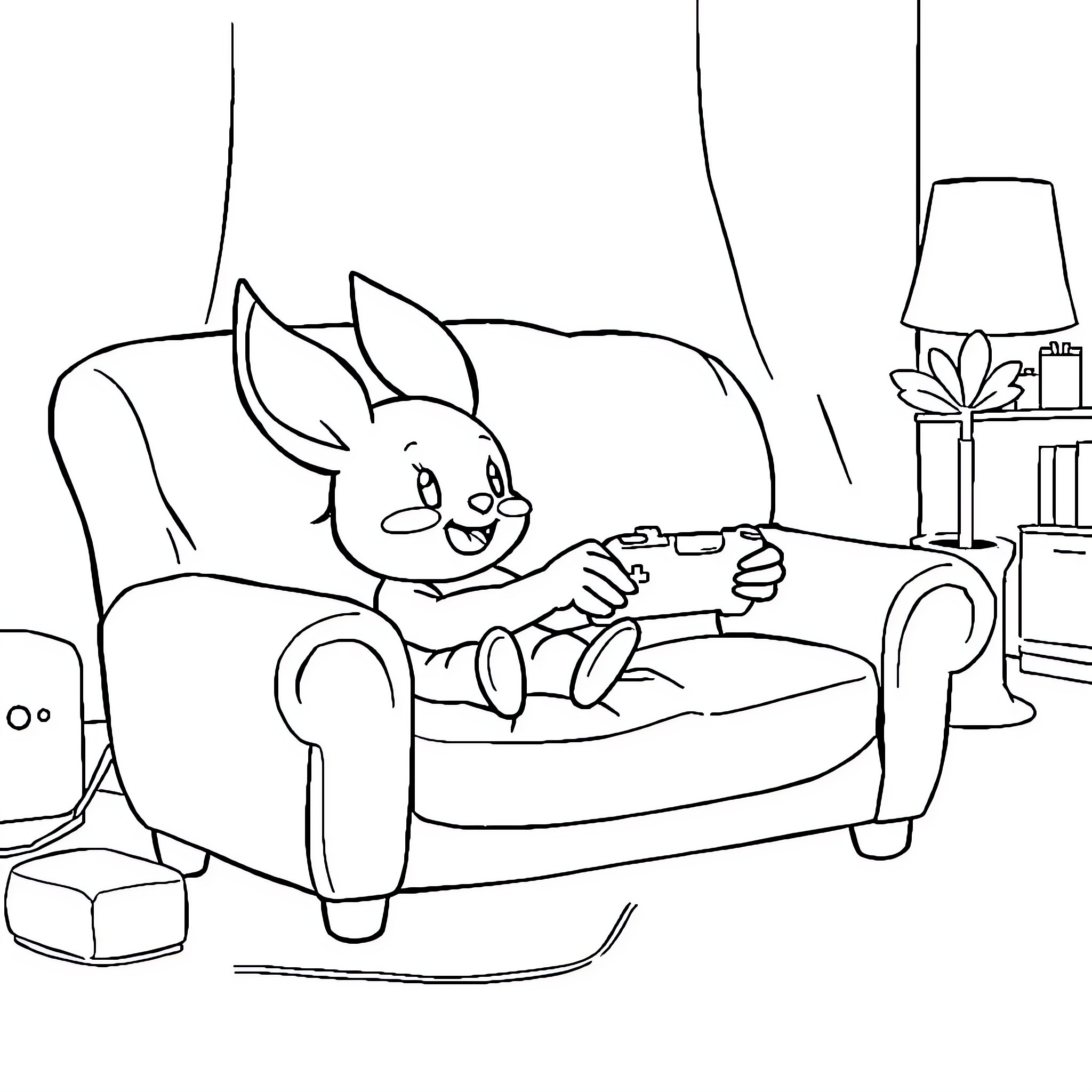 Cinderella relaxing and playing video games at home Coloring Page (free black-and-white line drawing printable PDF for all, from beginners to advanced learners, including children, teens, adults, and seniors)