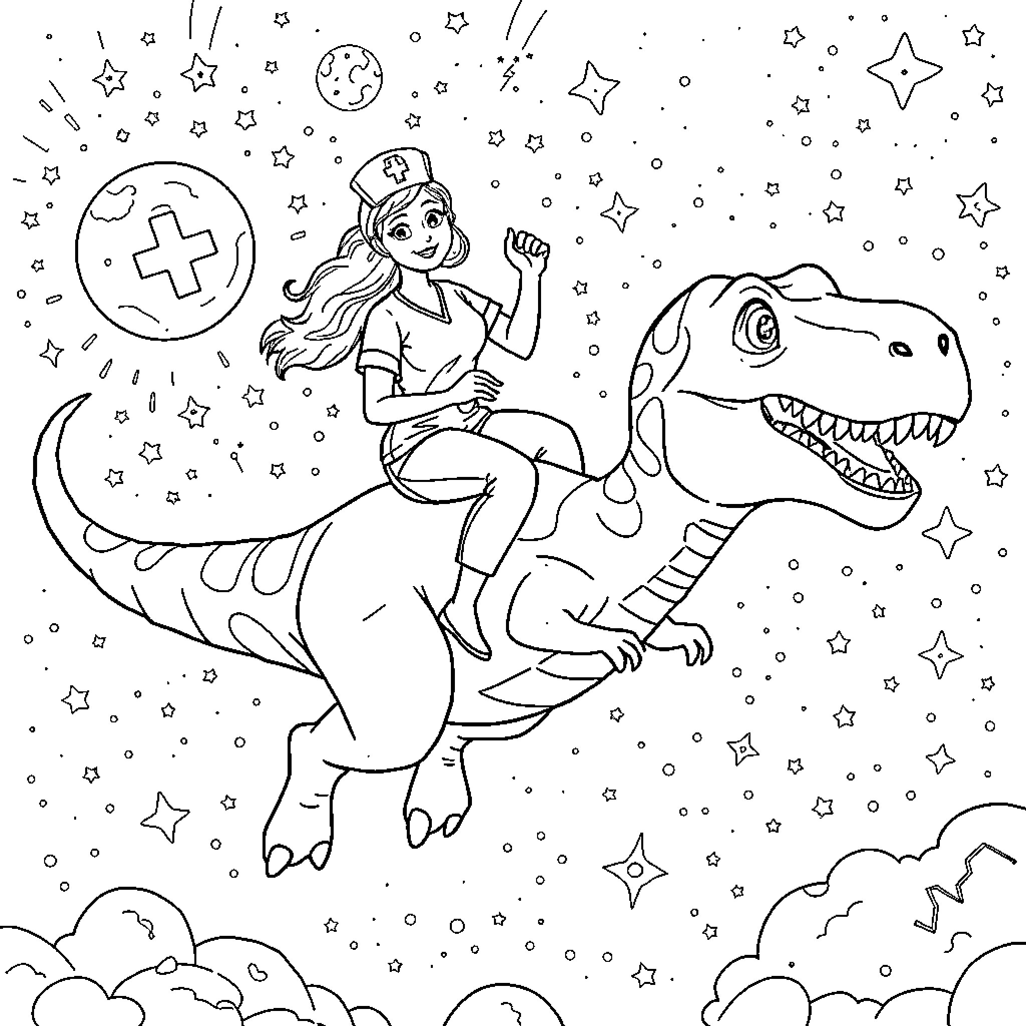 Nurse riding a dinosaur in a starry night sky Coloring Page (free black-and-white line drawing printable PDF for all, from beginners to advanced learners, including children, teens, adults, and seniors)